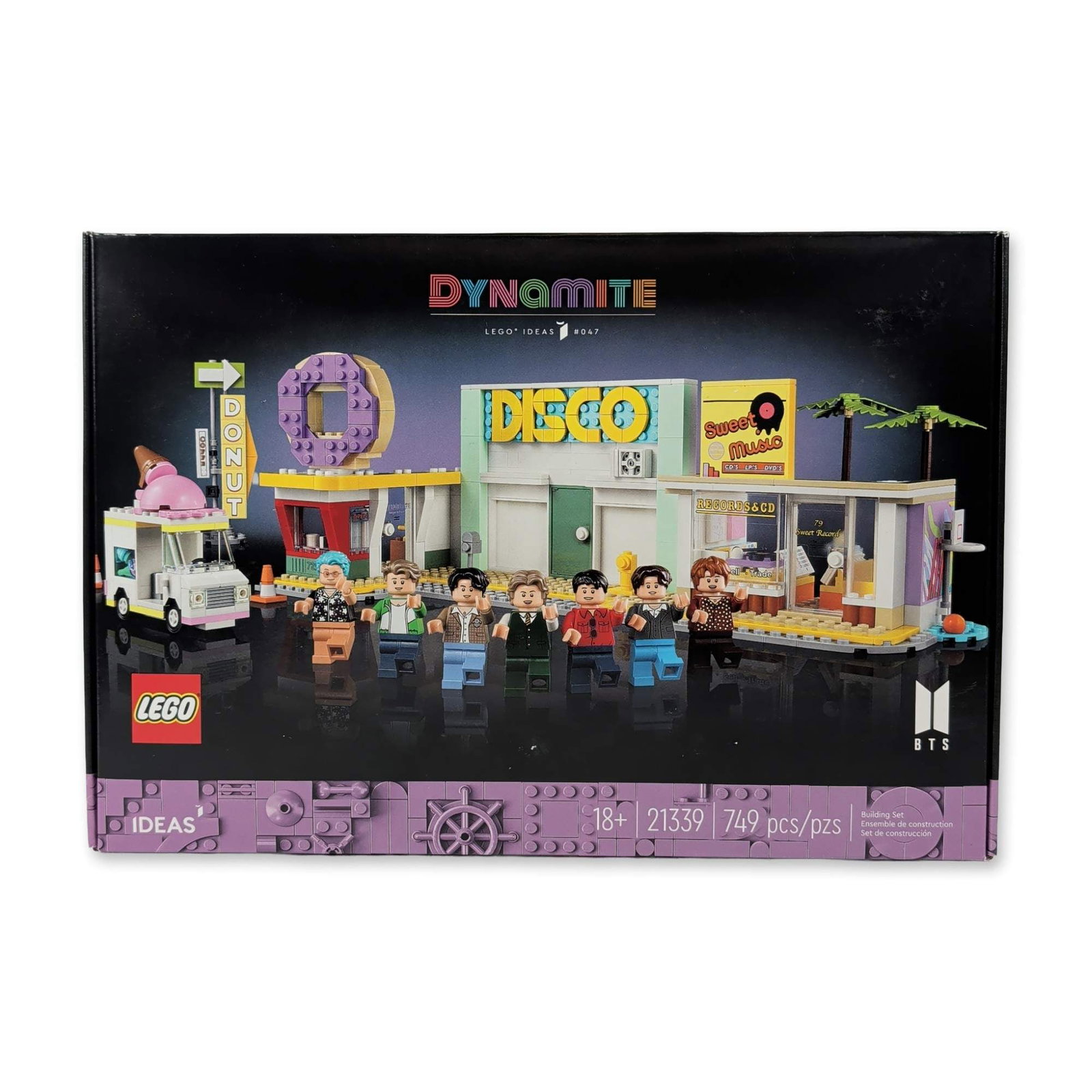 LEGO Ideas BTS Dynamite Set 21339: LEGO Group Ideas series construction set 21339, titled BTS Dynamite. Plastic building kit featuring 749 pieces designed to recreate scenes from the music video for the song Dynamite by BTS. Includes s