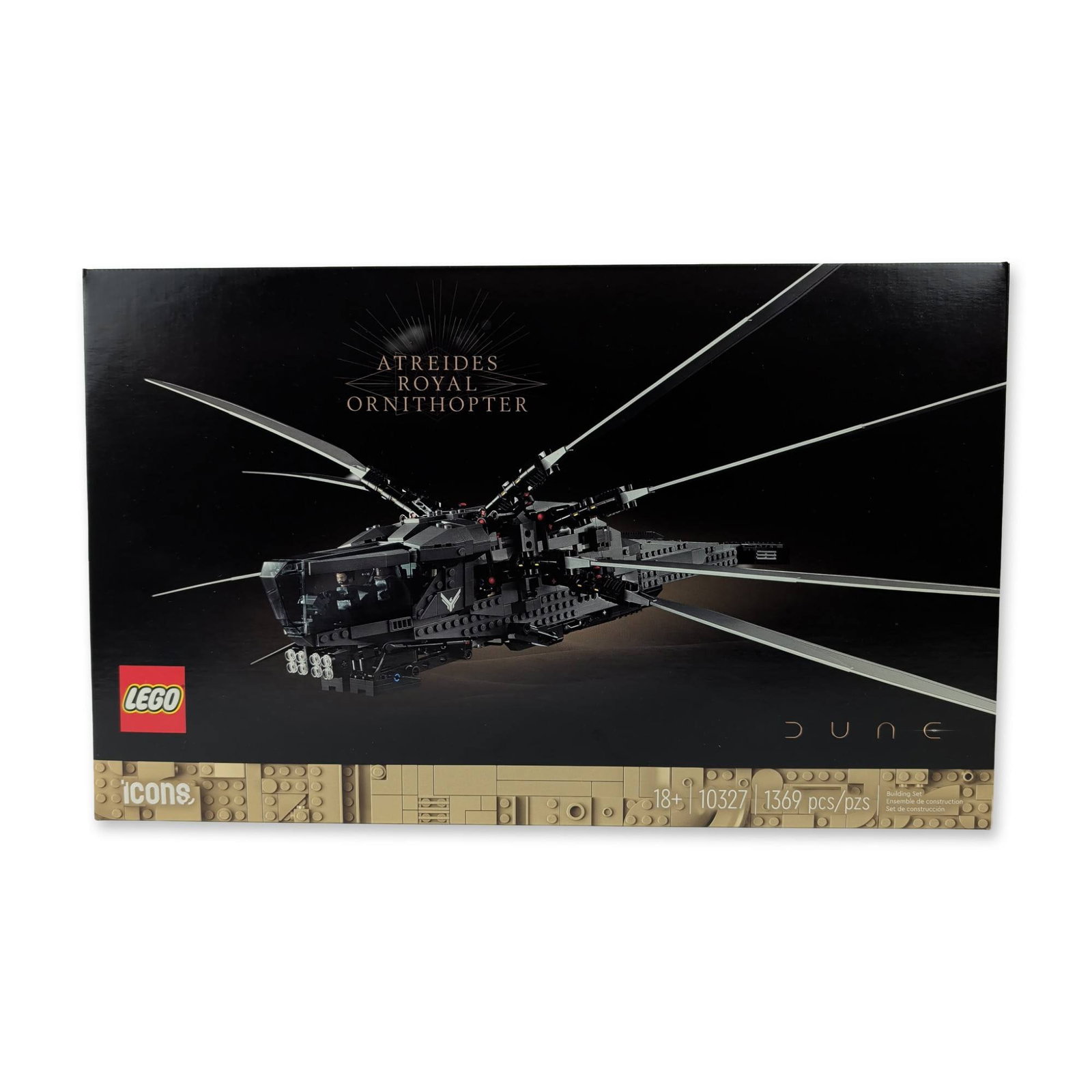 LEGO Icons Dune Atreides Royal Ornithopter Set 10327: LEGO. Icons series Dune Atreides Royal Ornithopter building set, model number 10327. Construction set in plastic, featuring functional mechanisms including flapping and folding wings, deployable landi