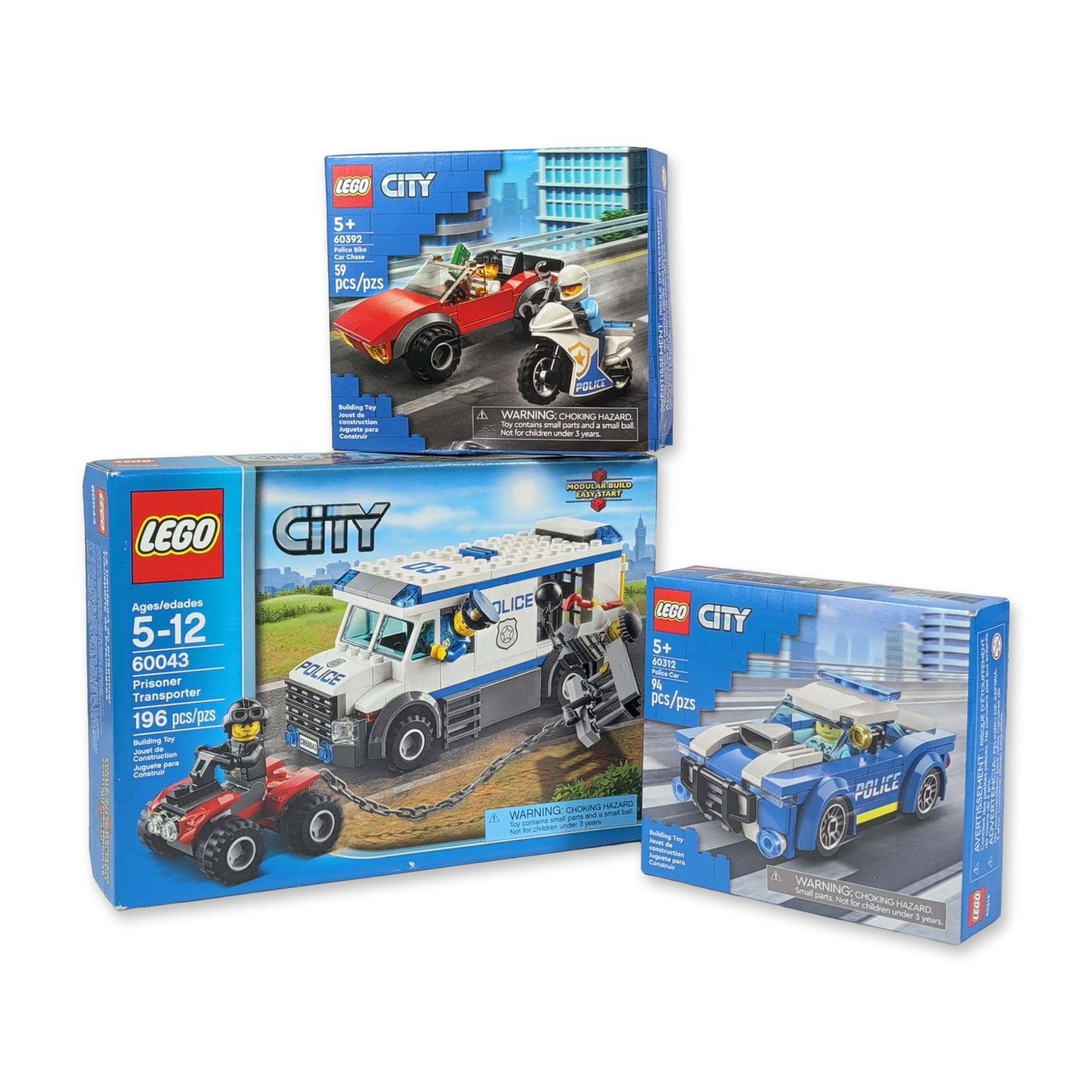 Three LEGO City Police Car, Car Chase & Prisoner Transporter Building Sets: LEGO. Trio of factory-sealed building sets from the LEGO City Police series, including set numbers 60312, 60392, and 60043. Set 60312 Police Car includes 94 pieces to construct a blue and white patrol