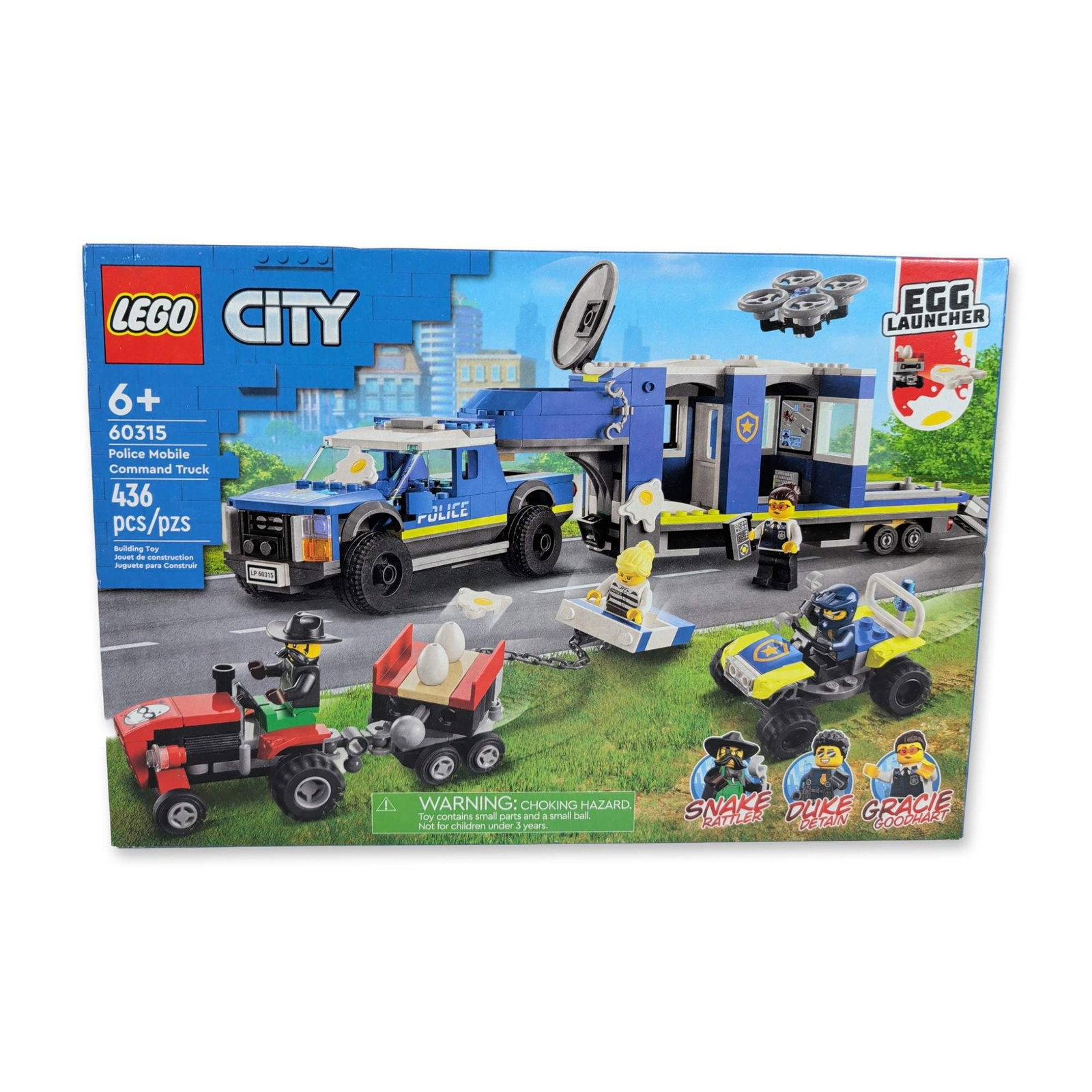 LEGO City Police Mobile Command Truck 60315: LEGO Group. City Adventures Police Mobile Command Truck (Set 60315) in molded plastic, featuring a police pickup truck with a command center trailer, a detachable drone, an all-terrain vehicle, and a 