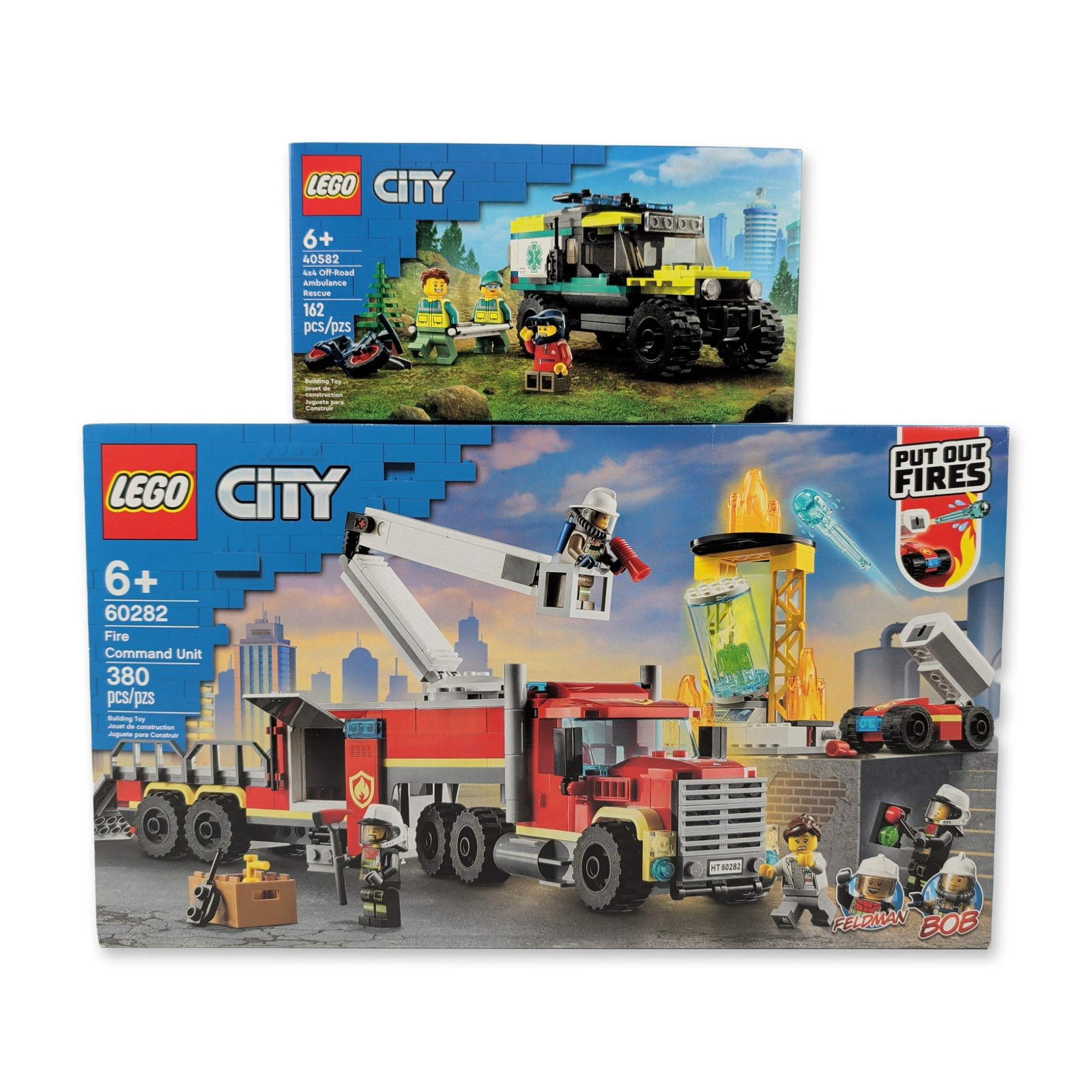 A Pair of LEGO City Emergency Vehicle Sets: LEGO City Emergency Vehicle 2-Set Bundle. Includes Fire Command Unit (60282, 380 pieces) and the 4x4 Off-Road Ambulance Rescue promotional set (40582, 162 pieces). The fire command set features a truc