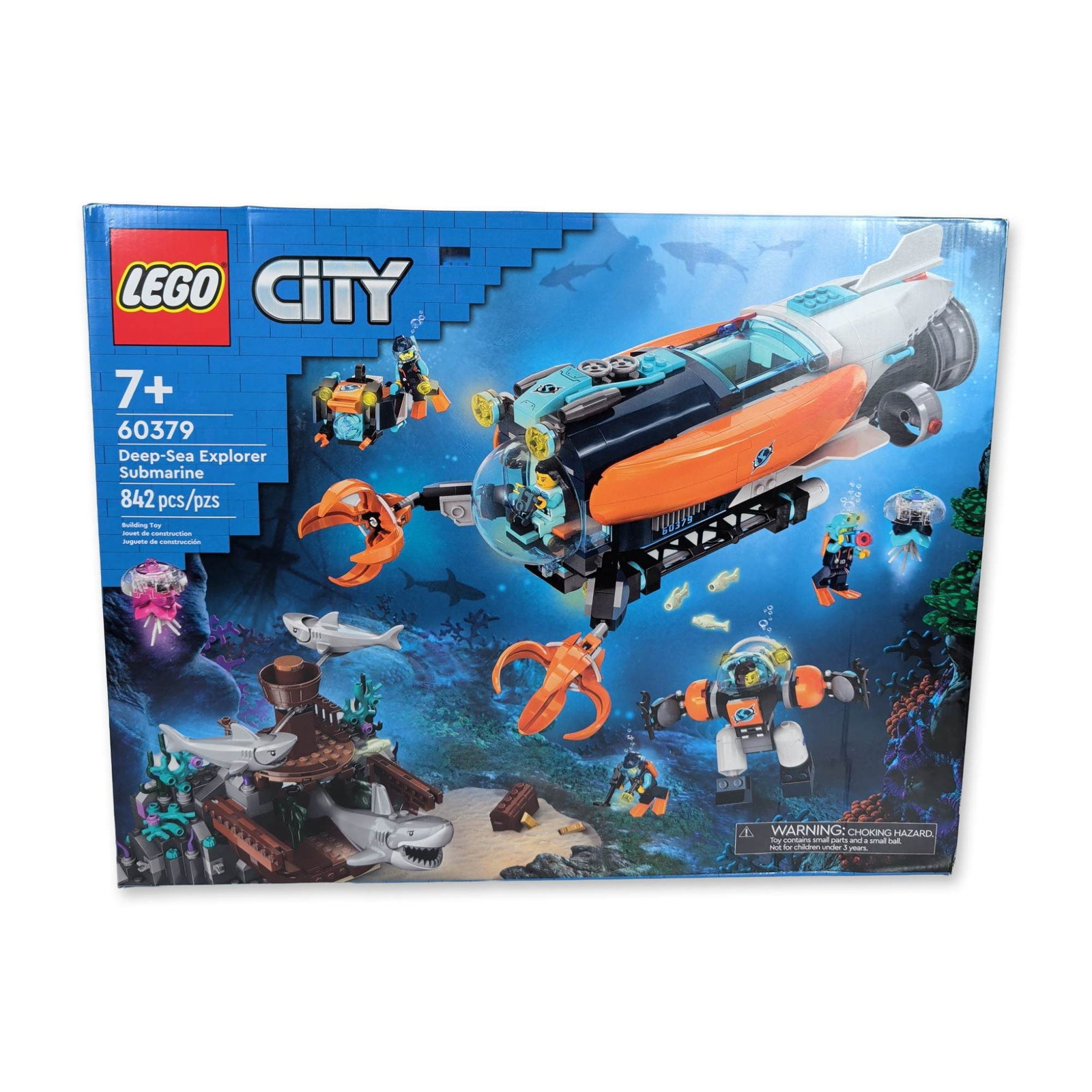 LEGO City 60379 Deep-Sea Explorer Submarine: LEGO City Deep-Sea Explorer Submarine, set number 60379. Plastic construction toy featuring a multi-functional submarine with articulated grabber arms, cockpit, and internal laboratory. Set contains 8