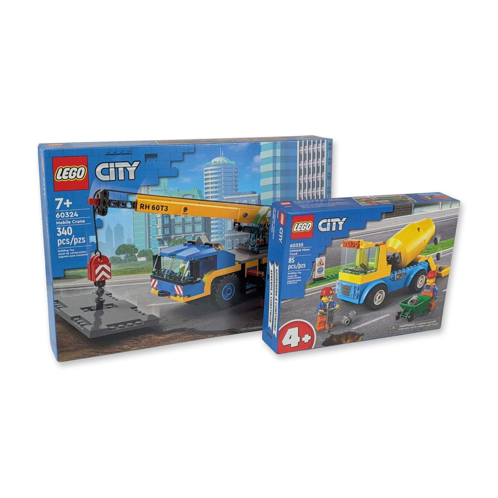 Two LEGO City Construction Vehicle Building Sets 60324, 60325: LEGO. Two factory-sealed construction-themed building sets from the City series in plastic. The first set, Mobile Crane (60324), consists of 340 pieces and features a vehicle with four extendable outr