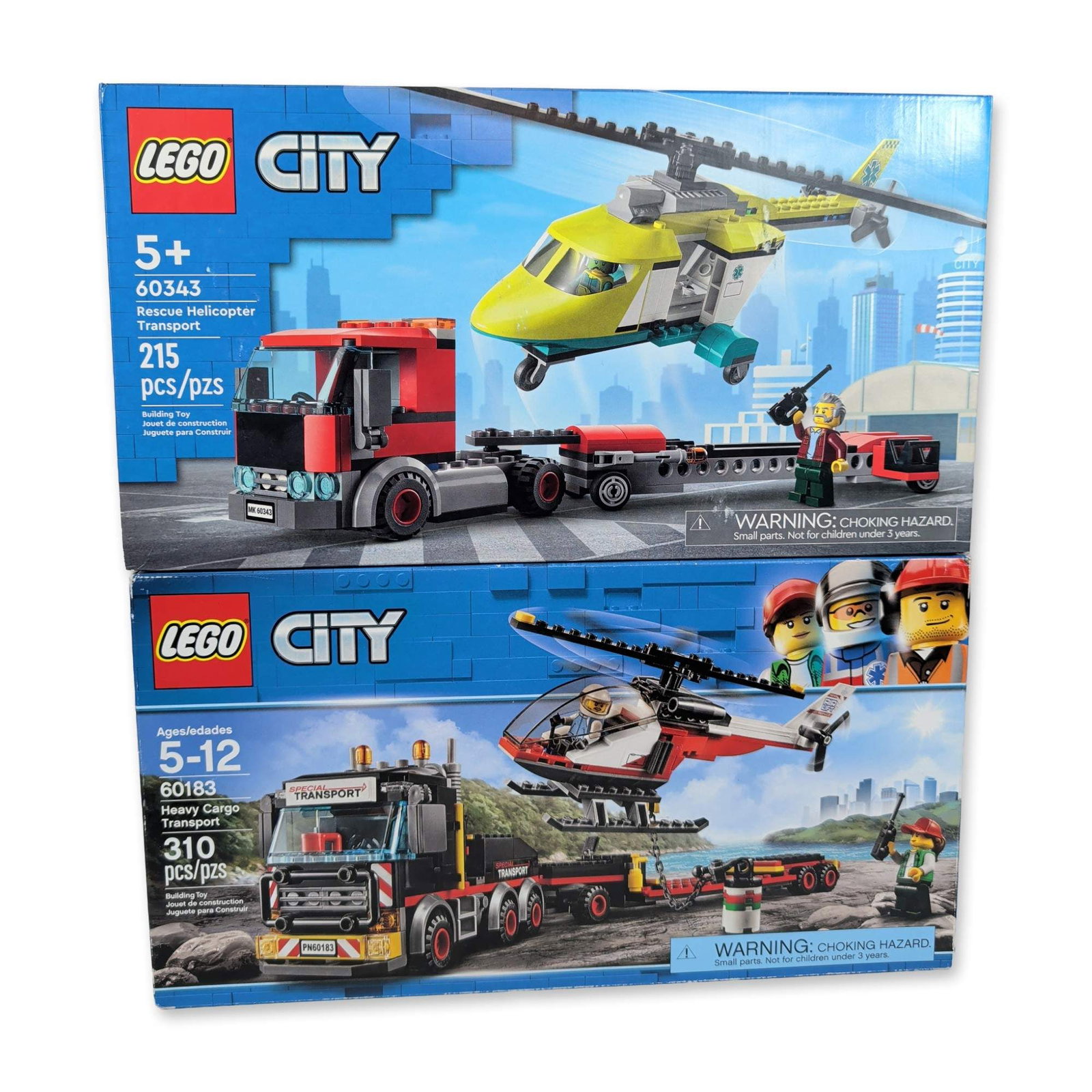 2pc LEGO City Transport Building Sets: LEGO. A pair of factory-sealed building sets from the City series in plastic. Set 60343, Rescue Helicopter Transport, features a red articulated transport truck with flatbed trailer and a yellow and w
