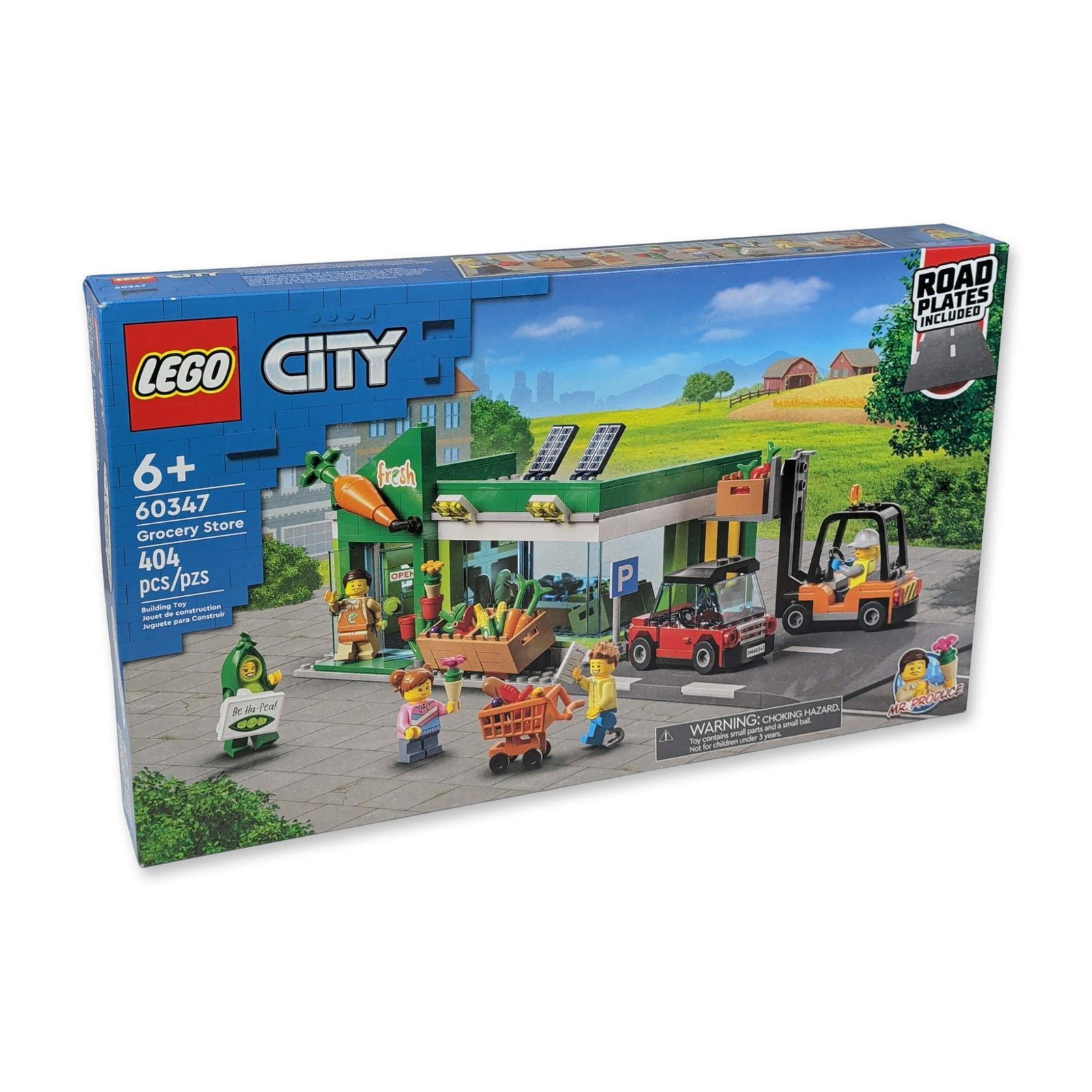 LEGO City 60347 Grocery Store Building Set: The LEGO Group. LEGO City series 60347 Grocery Store building set in plastic, featuring a storefront with solar panels, a delivery truck, a forklift, and five minifigures including a character in a