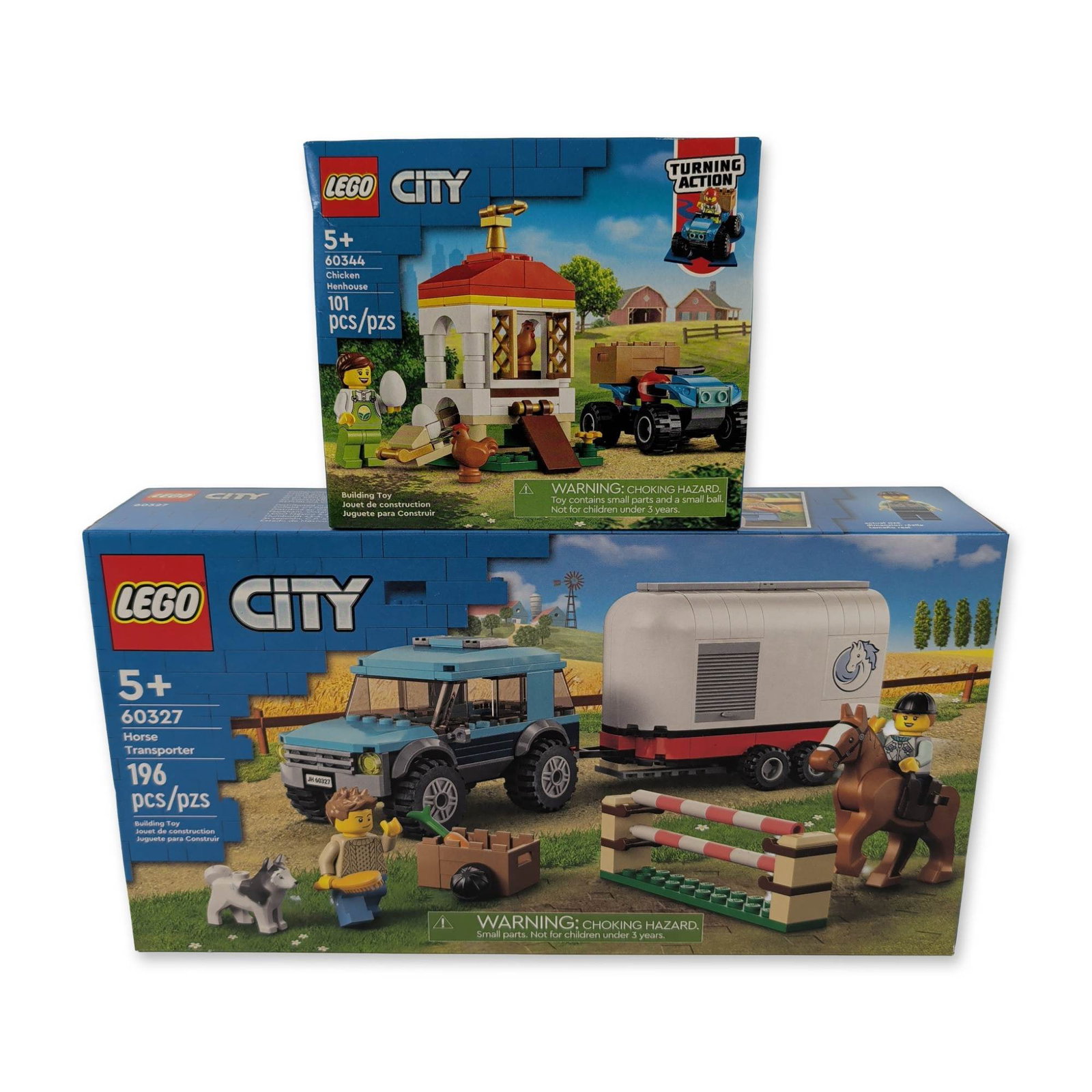 A Pair of LEGO City Building Sets: The LEGO Group. Two building sets from the LEGO City theme, featuring Chicken Henhouse (60344) and Horse Transporter (60327). Constructed from molded plastic, the Chicken Henhouse includes 101 pieces