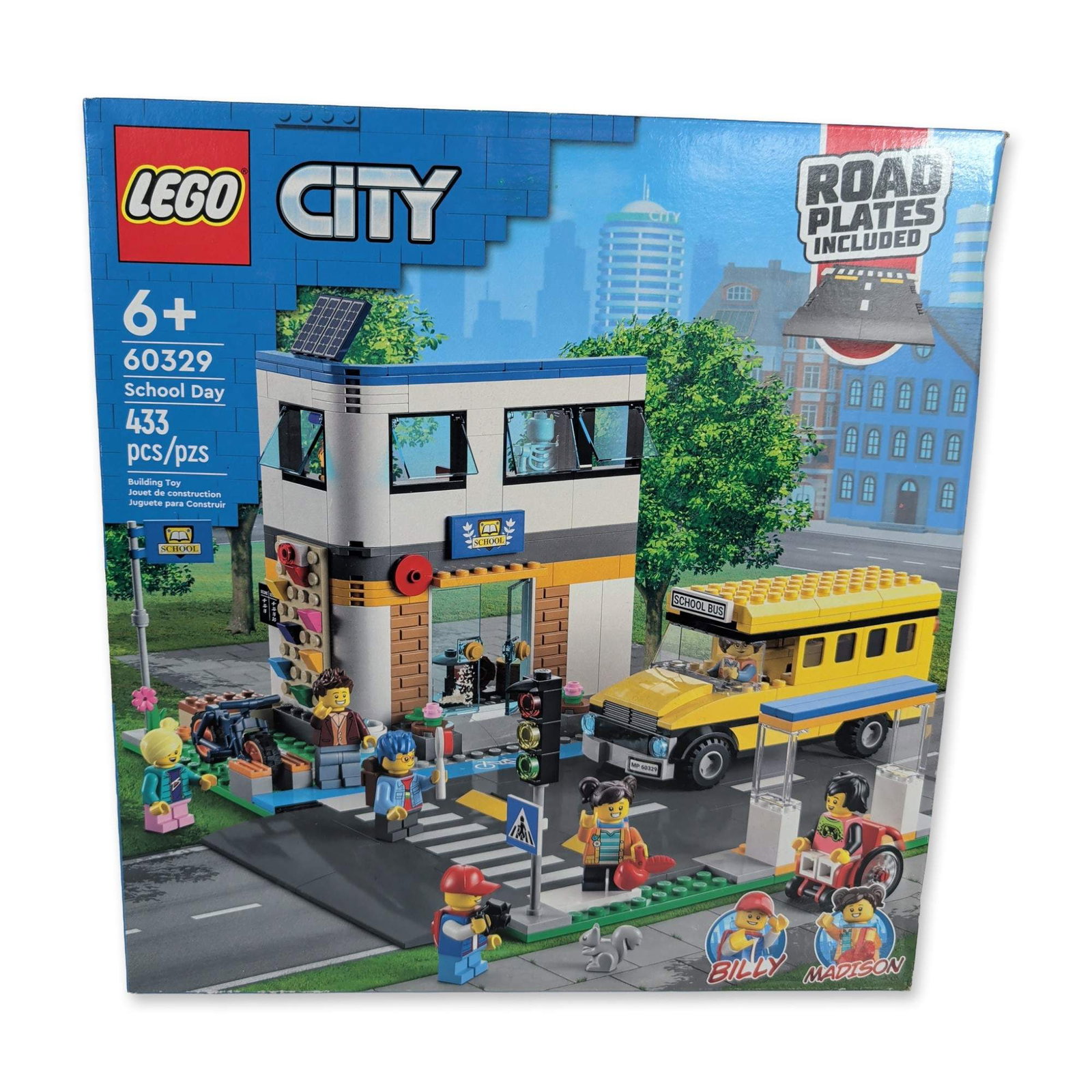 LEGO City 60329 School Day Set: LEGO. School Day building set in plastic, model number 60329, from the City theme. The set features a school building, a school bus, and modular road plates. Includes seven minifigures with