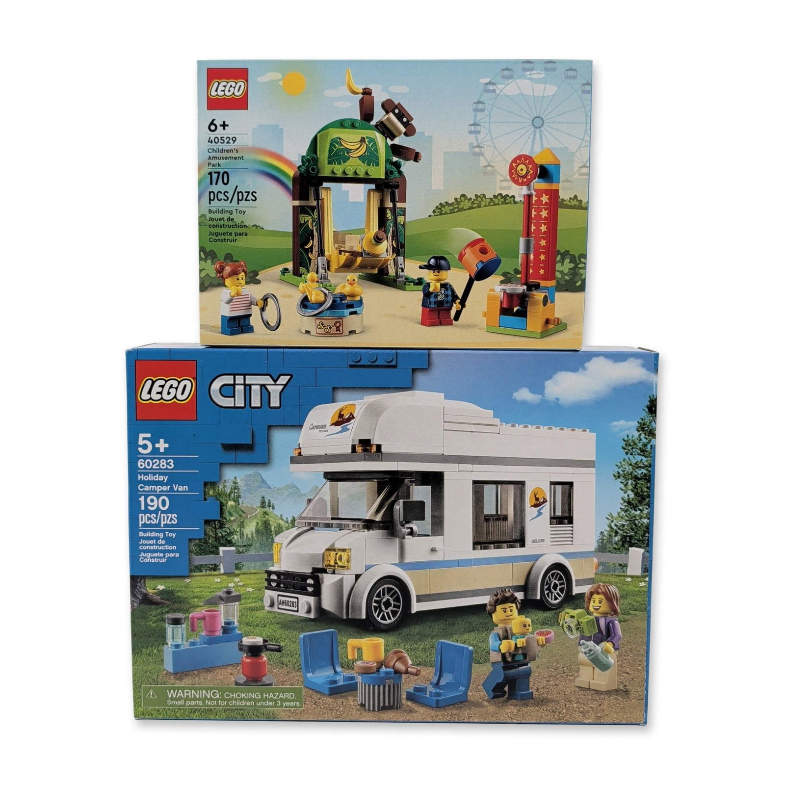 LEGO 60283 Holiday Camper Van & 40529 Children's Amusement Park Bundle: LEGO Group. Two building sets in molded plastic, featuring a Holiday Camper Van (60283) and a Children's Amusement Park (40529). The camper van includes three minifigures and detailed interior element