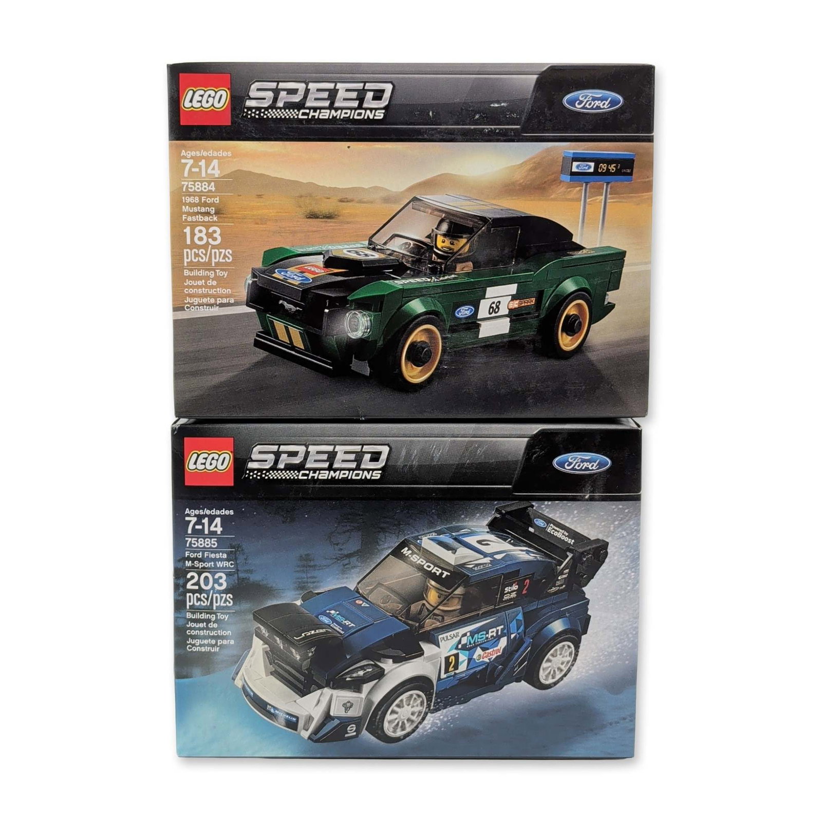 Pair of Ford Licensed LEGO Speed Champions Building Sets: LEGO. Two Speed Champions series building sets featuring Ford-licensed vehicle models. The lot includes Set 75884, representing a 1968 Ford Mustang Fastback with 183 pieces, and Set 75885,