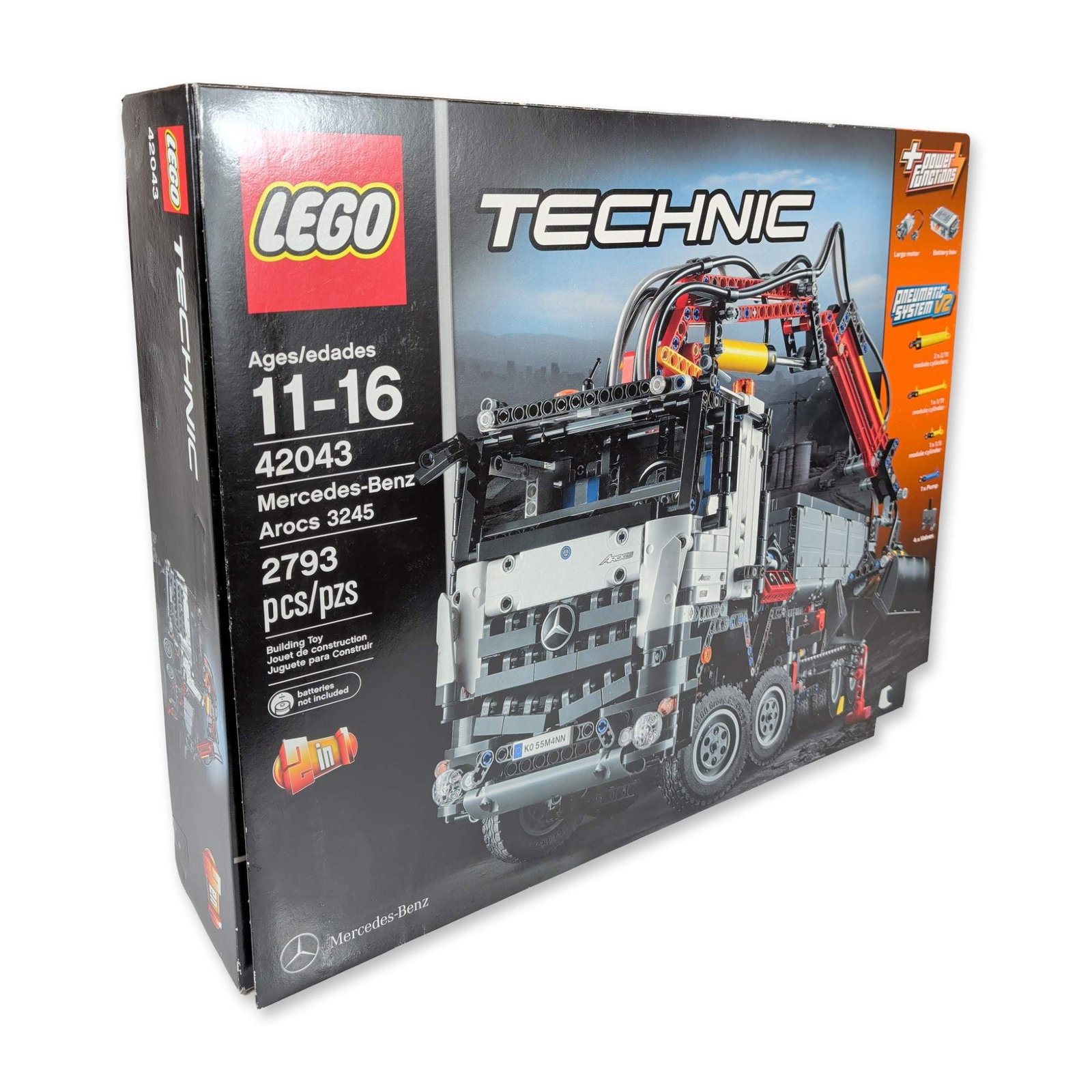 LEGO Technic Mercedes-Benz Arocs 3245 Set 42043: LEGO Technic construction vehicle building set, Mercedes-Benz Arocs 3245 model, set number 42043. Produced in plastic, this advanced model incorporates both electronic Power Functions and Pneumatic Sy