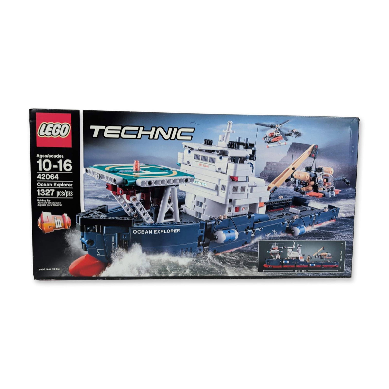 LEGO Technic 42064 Ocean Explorer Set: LEGO Technic, 2017. Building set in molded plastic, titled Ocean Explorer, model number 42064. Features a large research vessel with 2-in-1 reconfigurable build for a push boat and barge. Includes 1,3