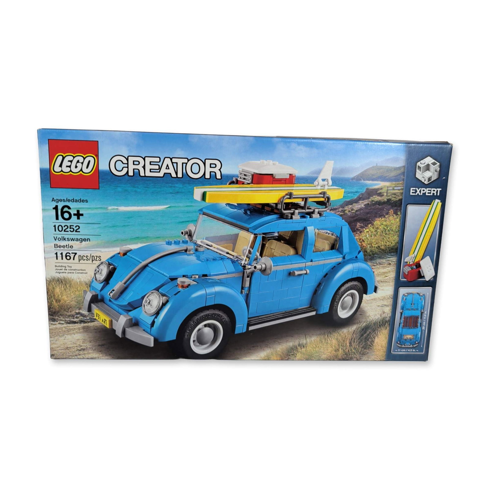 LEGO Creator Expert 10252 Volkswagen Beetle: LEGO Group Creator Expert series Volkswagen Beetle building set, model number 10252. Plastic building block construction set in azure-blue, featuring a 1960s-era design with curved fenders, white