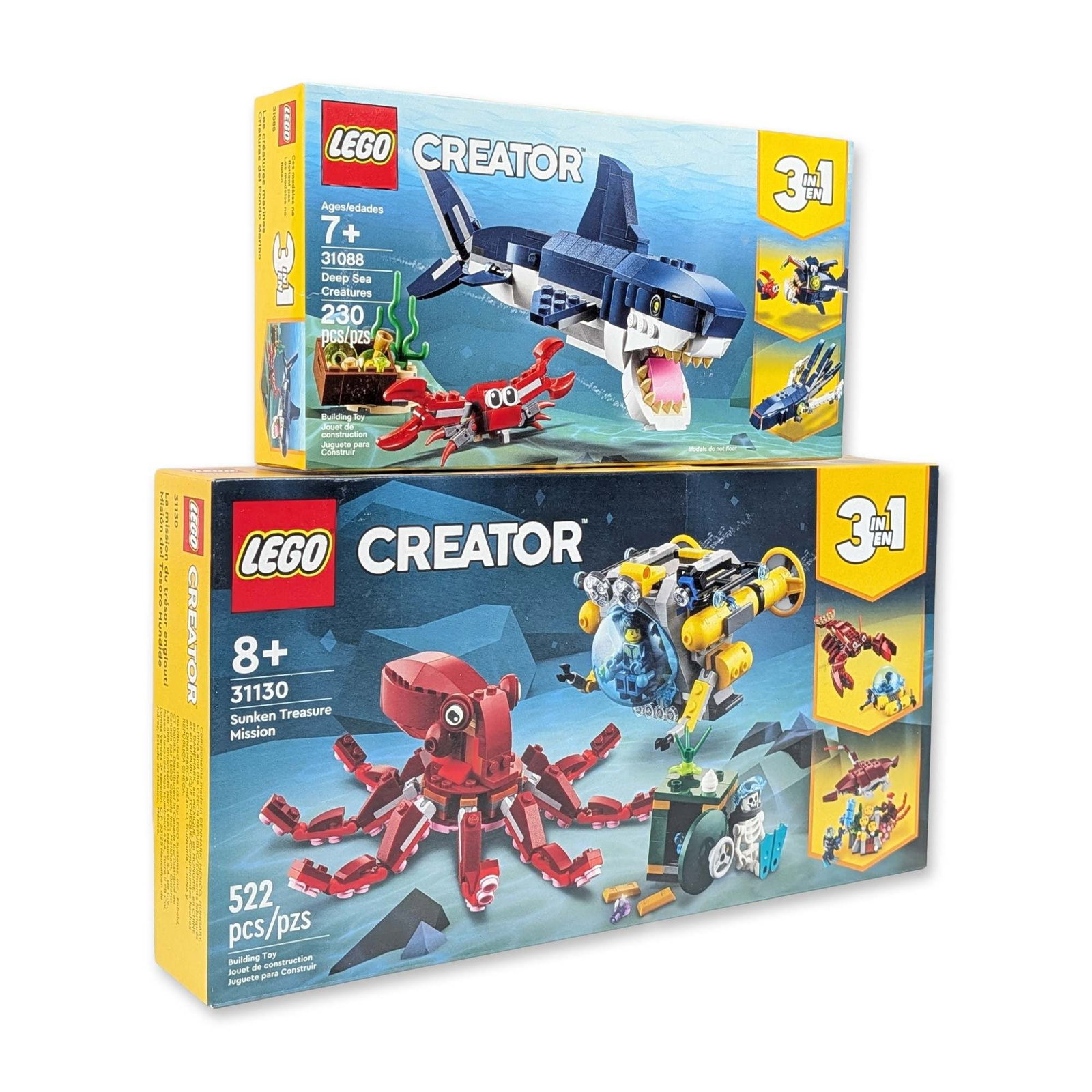 Two LEGO Creator 3-in-1 Deep Sea Construction Sets: LEGO. A pair of Creator 3-in-1 series plastic construction sets with marine themes. Includes set 31088 Deep Sea Creatures and set 31130 Sunken Treasure Mission. Set 31088 contains 230 pieces and