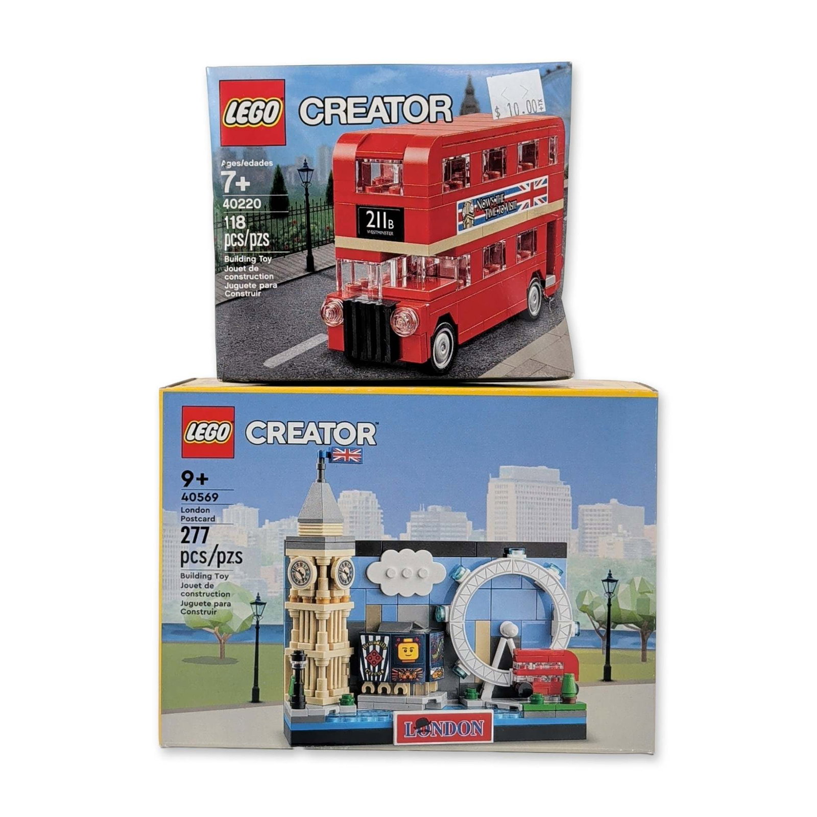 Pair of LEGO Creator London Building Sets: Pair of LEGO Creator building sets featuring London themes. Includes set 40220, the London Bus, composed of 118 plastic construction bricks to form a red double-decker bus with 211B Westminster and