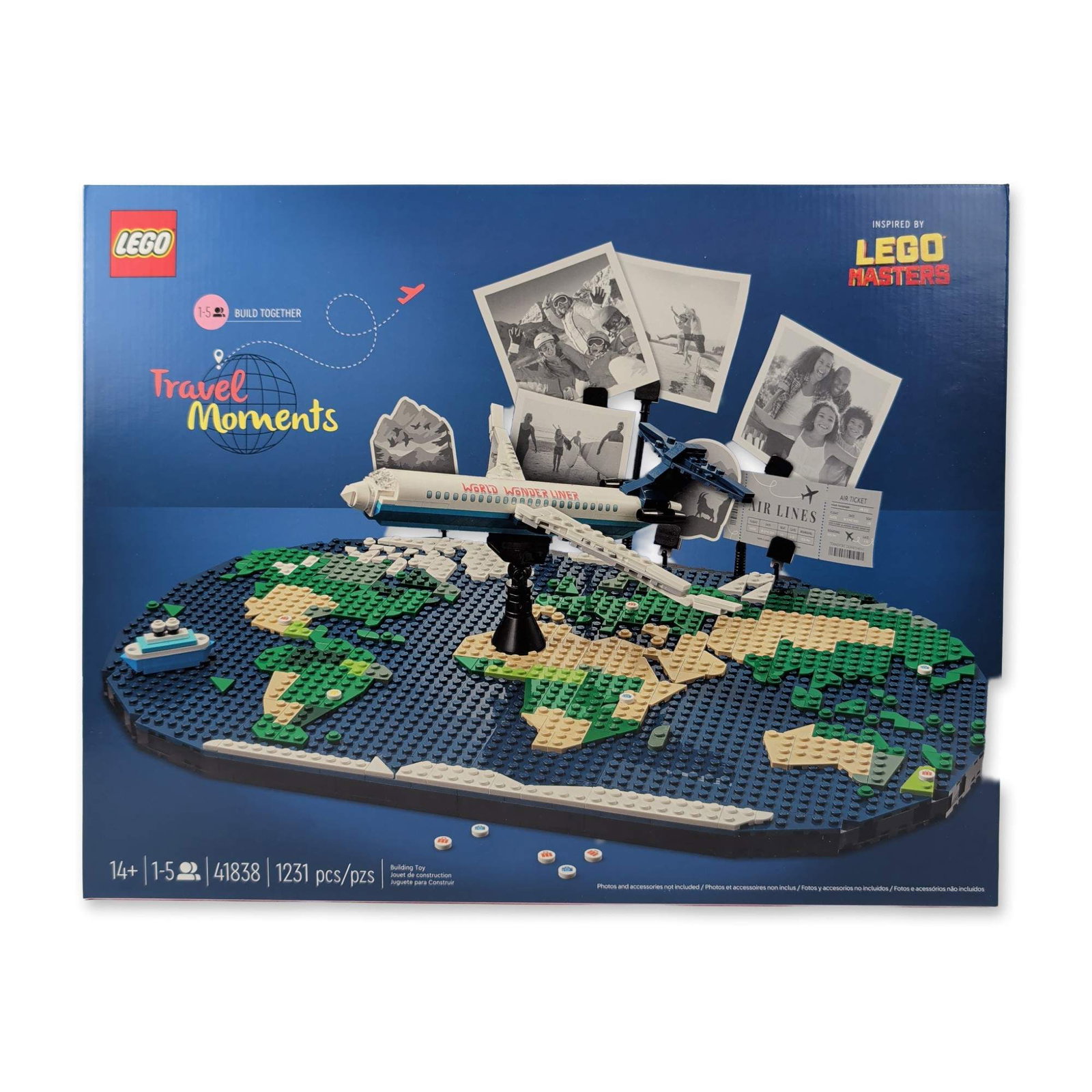 LEGO 41838 Travel Moments Building Set: LEGO Travel Moments building set, item number 41838, in plastic. Inspired by the television series LEGO Masters, the set features a modular world map intended for collaborative construction by up to