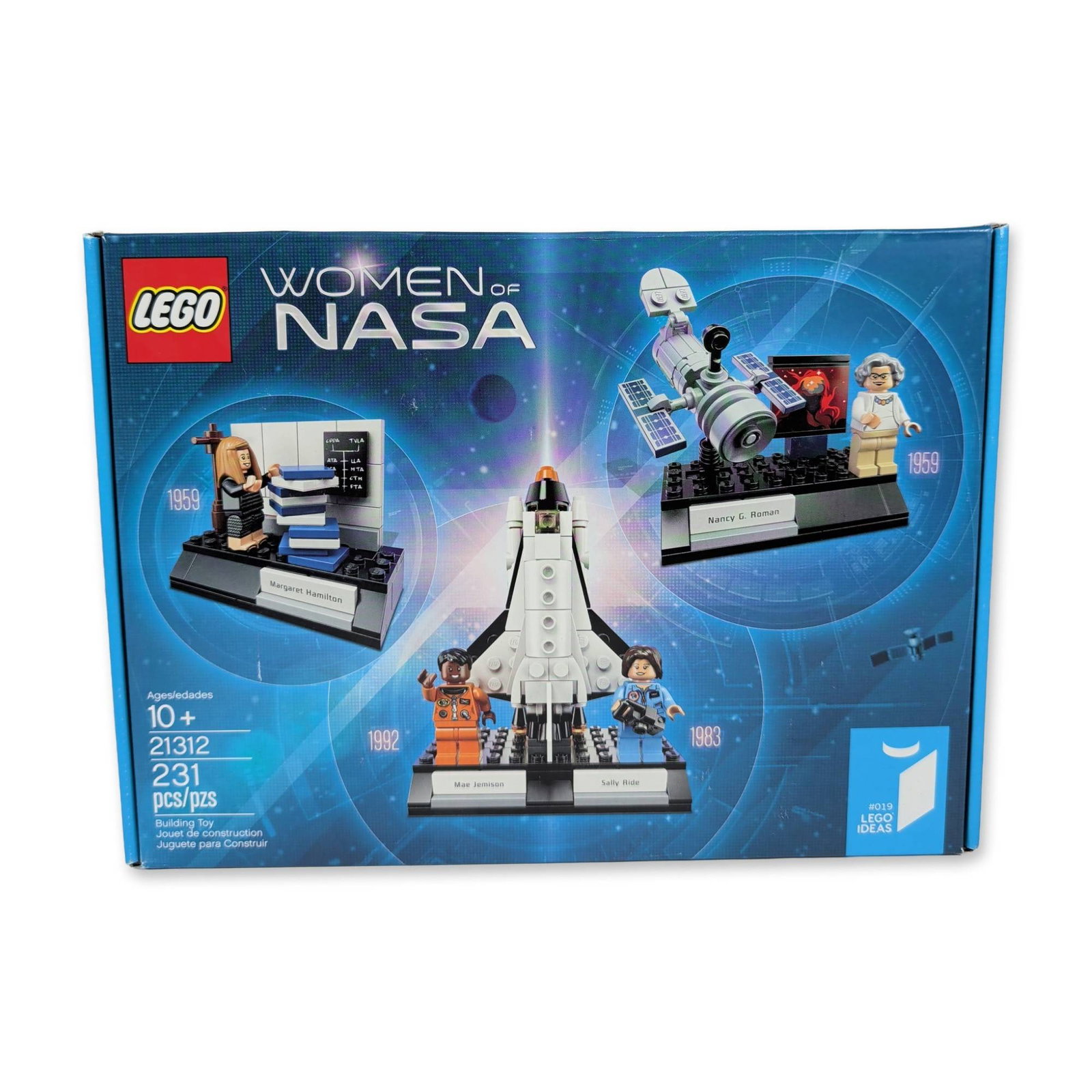 LEGO Ideas 21312 Women of NASA Set: The LEGO Group. LEGO Ideas series set number 21312 titled Women of NASA. Construction set composed of 231 plastic pieces featuring four minifigures representing Nancy Grace Roman, Margaret Hamilton,