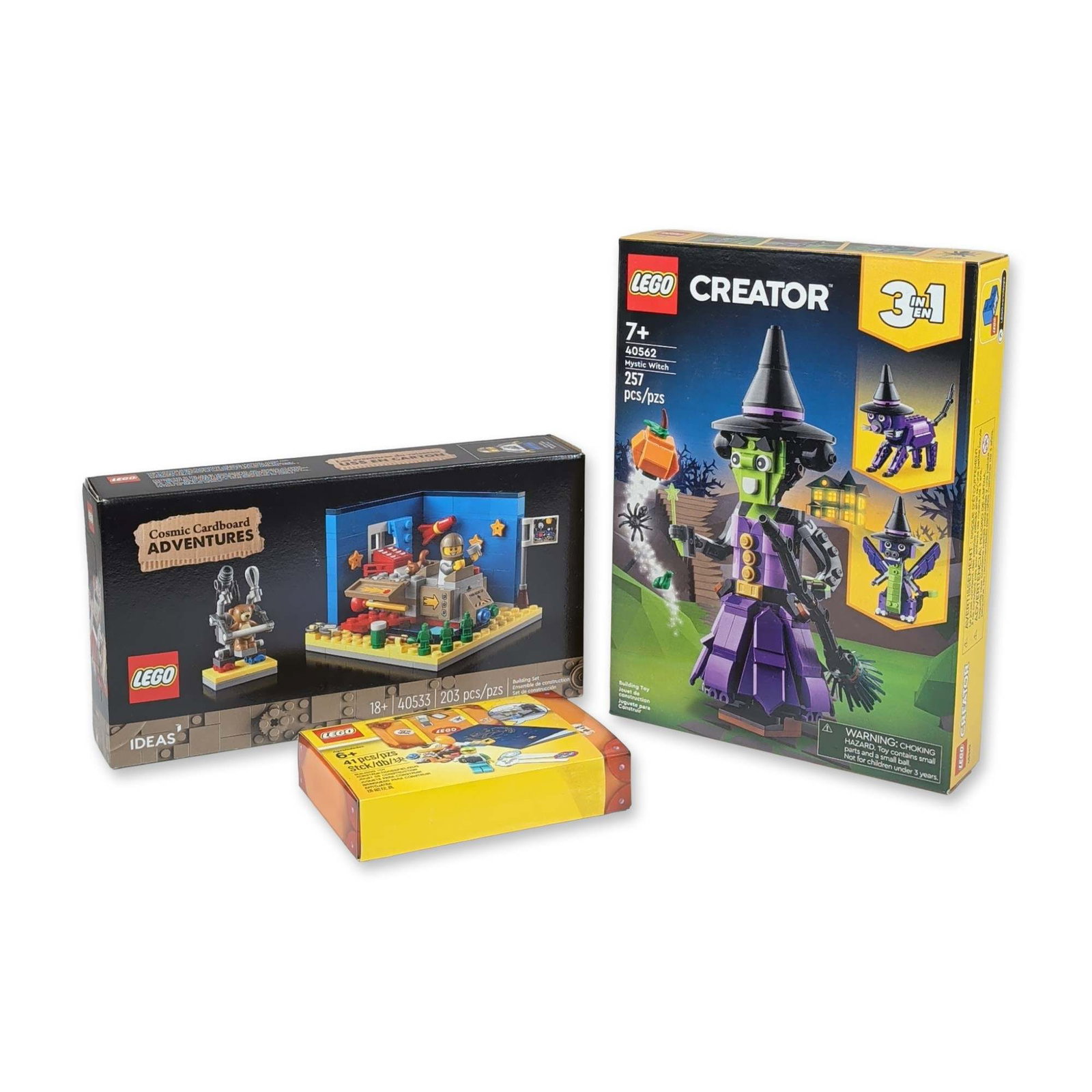 3 LEGO Construction Building Sets: Group of three LEGO construction building sets in original retail packaging. Includes LEGO Creator 3-in-1 Mystic Witch (40562) with 257 pieces, LEGO Ideas Cosmic Cardboard Adventures (40533) with 203 