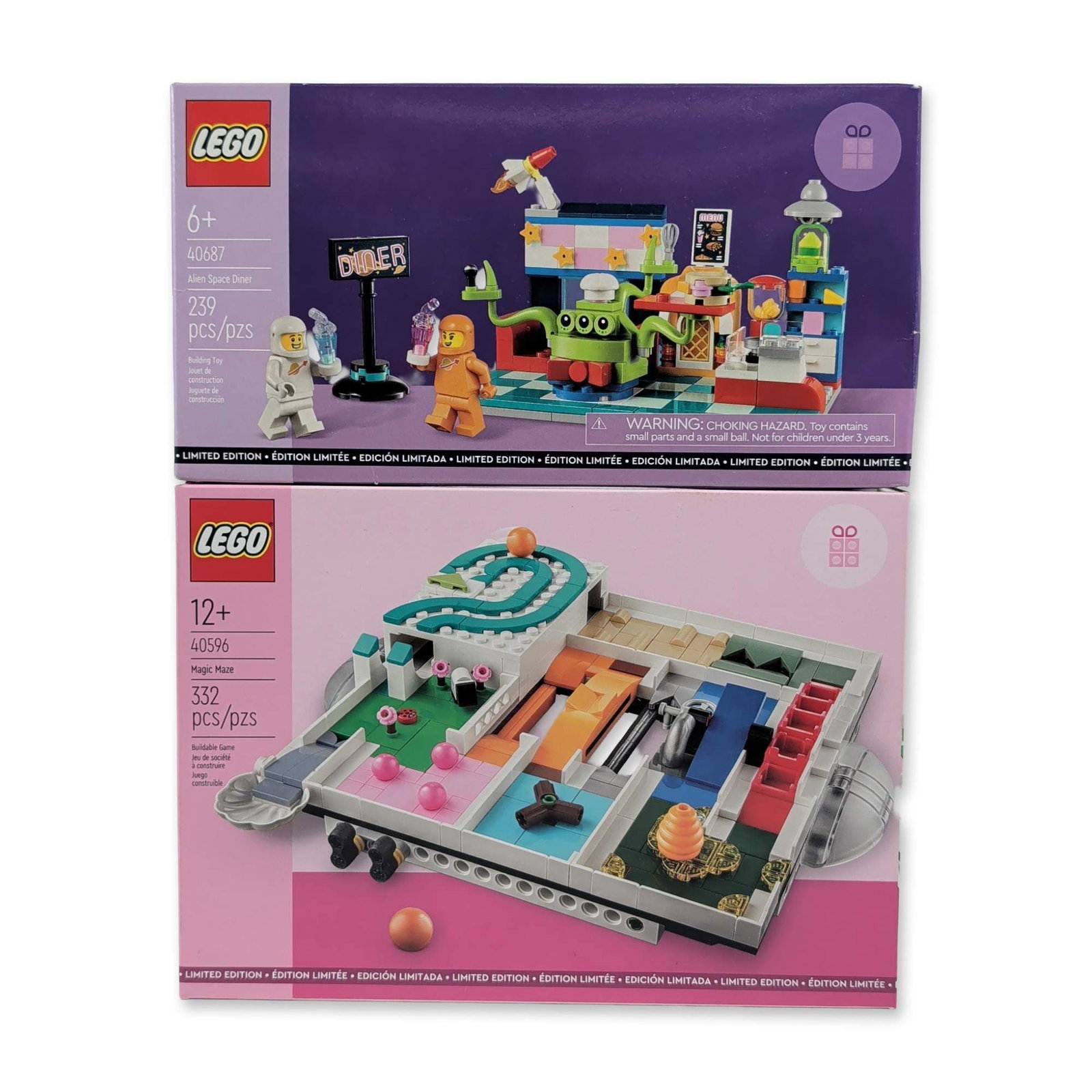 LEGO Limited Edition Promotional Building Sets Pair: LEGO Group limited edition promotional building sets. Set 40687 Alien Space Diner features a space-themed diner build with an alien chef minifigure and two classic-style astronaut minifigures in white