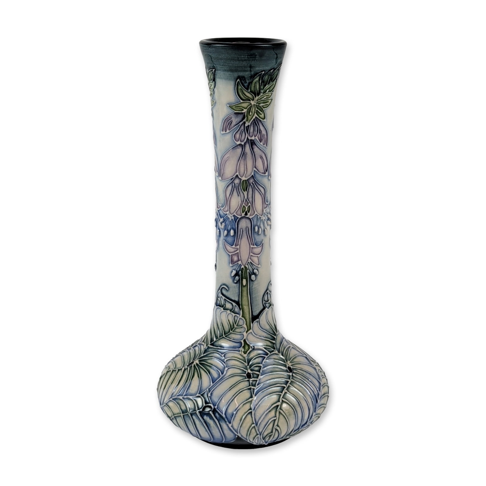 Moorcroft Sea Drift Pattern Rachel Bishop Ceramic Vase: Moorcroft contemporary Art Nouveau style glazed earthenware vase in the Sea Drift pattern, designed by Rachel Bishop. The form features a flared rim and slender neck over a lobed bulbous base.