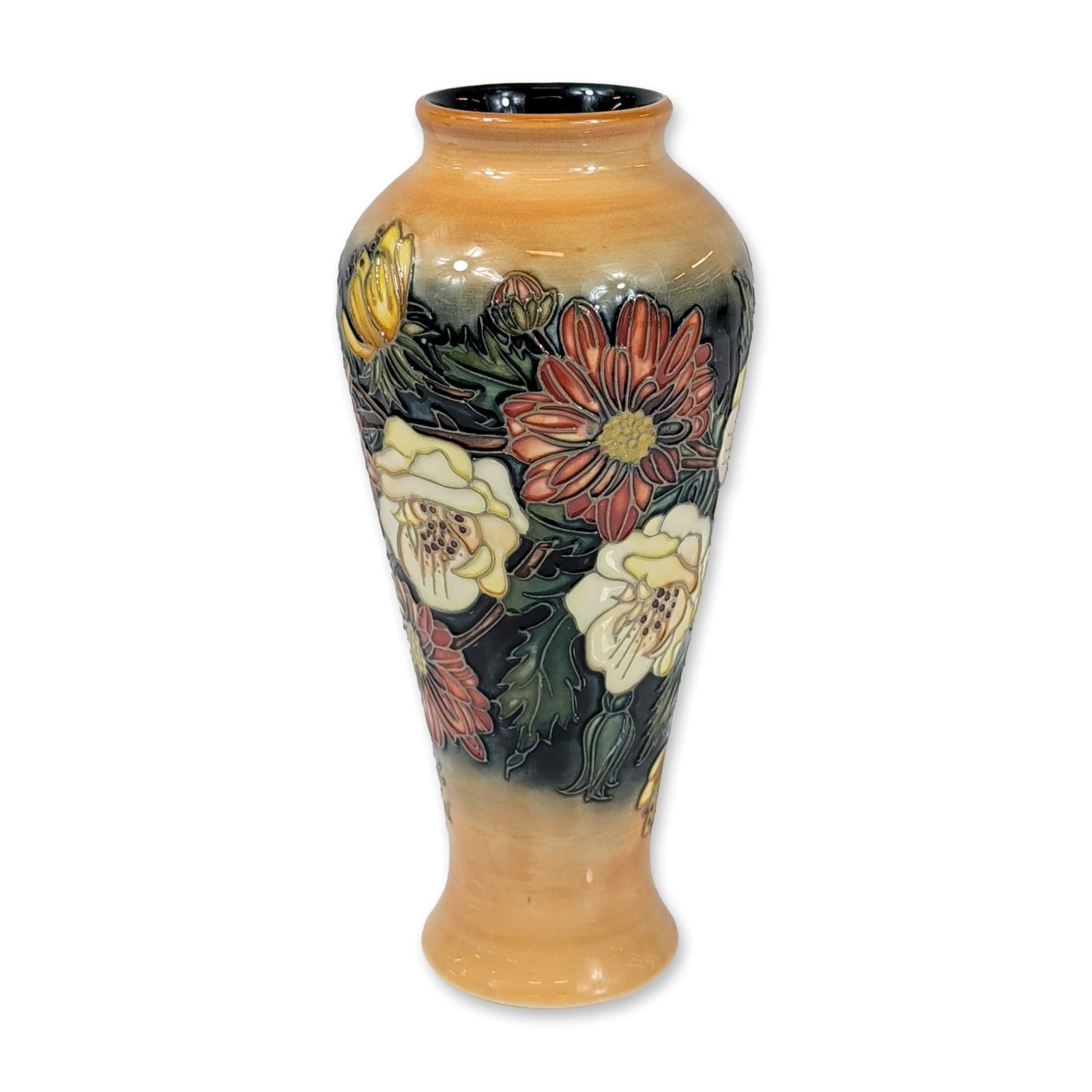 Moorcroft Victoriana Emma Bossons Vase: Emma Bossons for Moorcroft Pottery. A Victoriana pattern earthenware vase of baluster form featuring tube-lined floral decoration with chrysanthemums and stylized blooms in shades of red, cream, and
