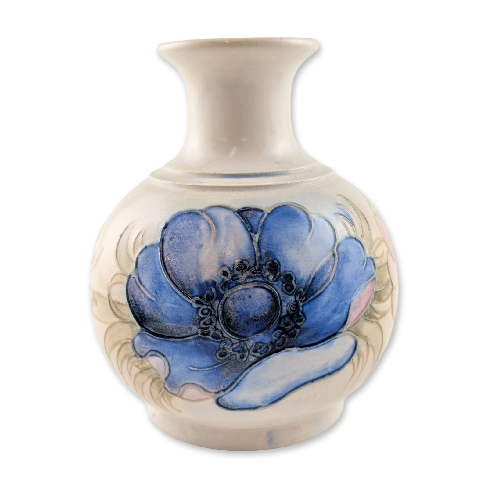 Walter Moorcroft Anemone Pattern Pottery Vase: Moorcroft Pottery, mid-20th century. A bulbous-form earthenware vase in the Anemone pattern, featuring a short flared neck with a stepped rim and a circular raised foot. The body is hand-decorated