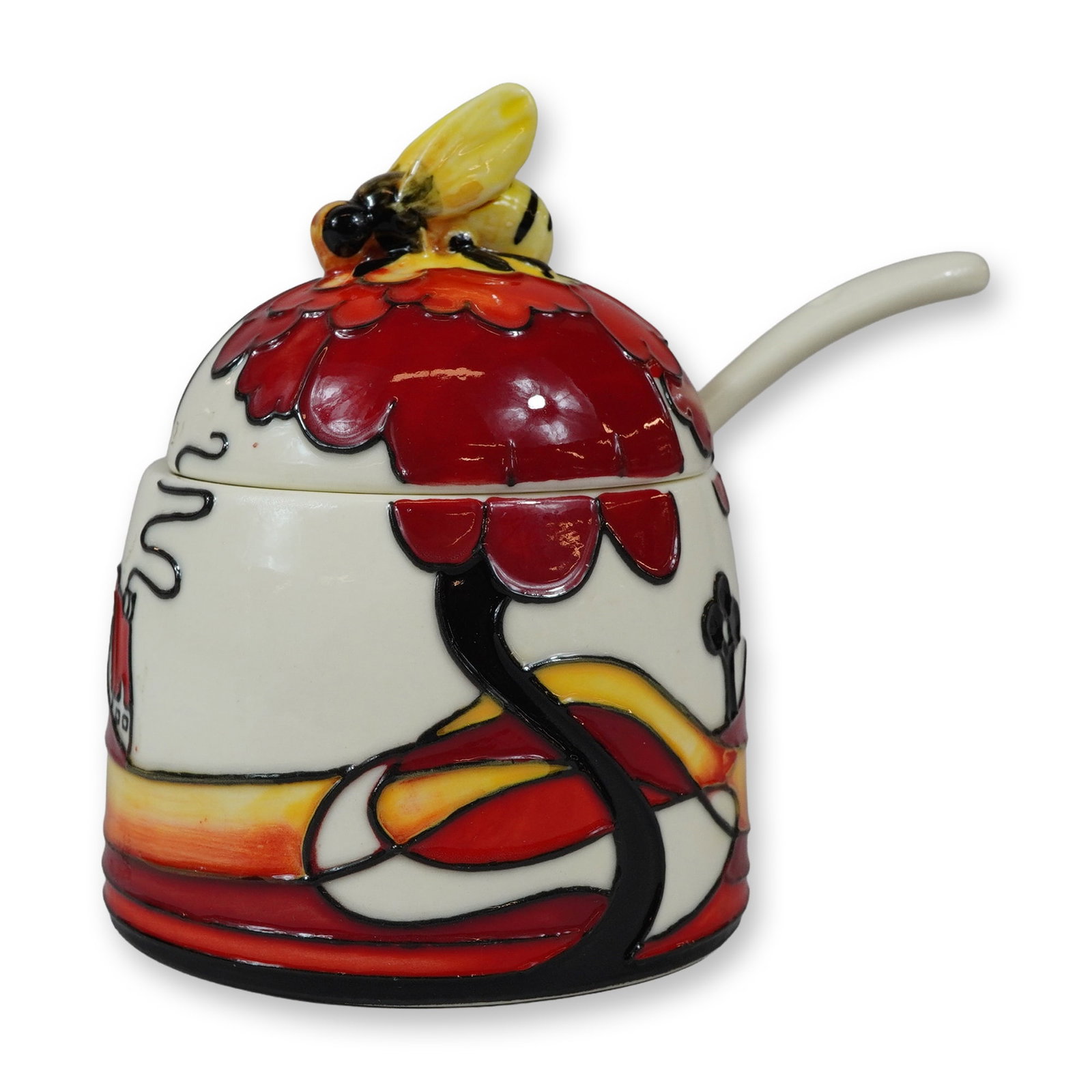 Old Tupton Ware by Jeanne McDougall Lidded Honey Pot with Spoon Set, Noon: A hand-painted ceramic honey pot and matching spoon produced by Old Tupton Ware, featuring the Noon pattern designed by Jeanne McDougall. The piece is decorated using the tubelining technique, which