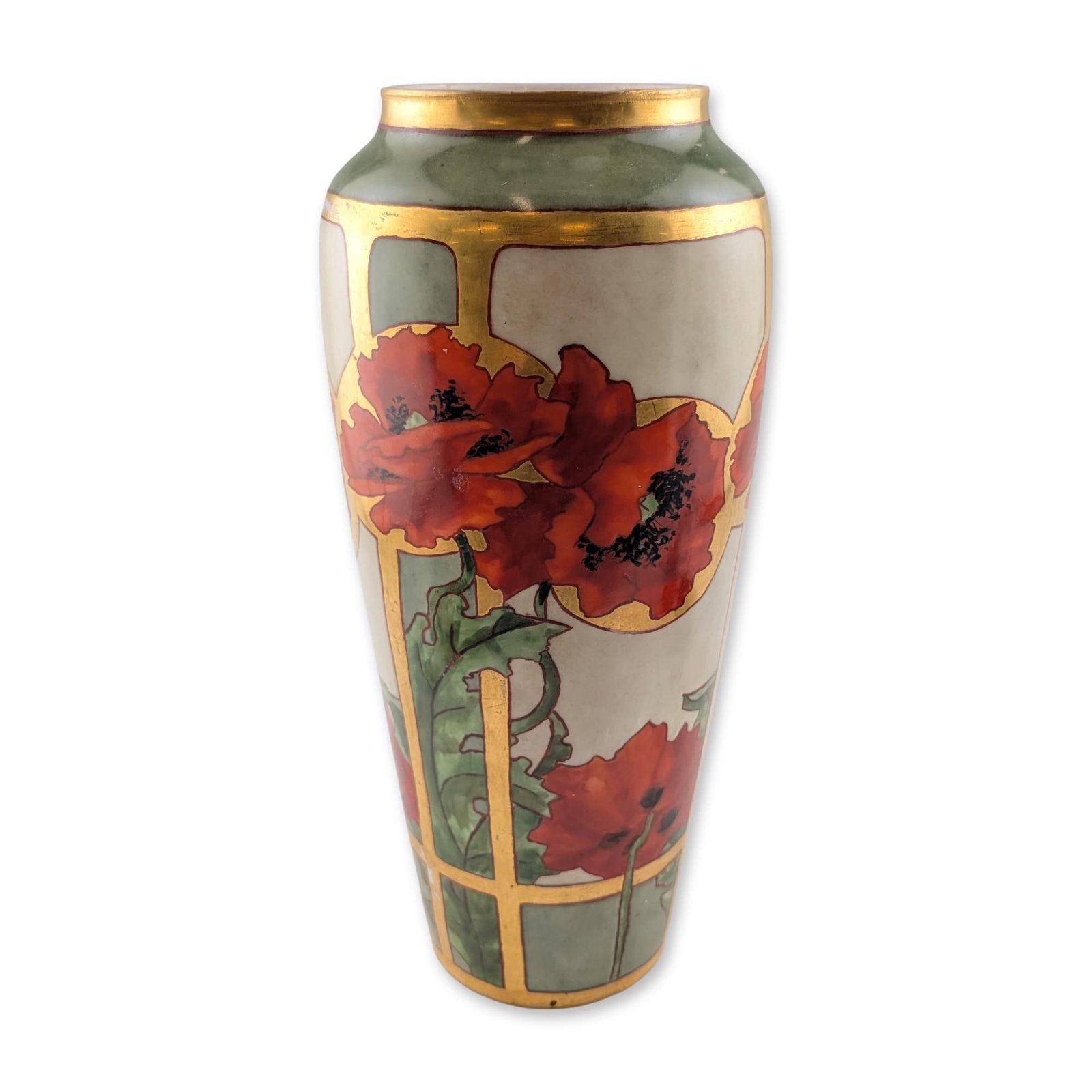 Limoges Art Nouveau Porcelain Poppy Vase: Art Nouveau Jean Pouyat Limoges porcelain vase in hand-painted porcelain, featuring a motif of red poppies with dark centers on a cream and sage green ground. The composition is structured by a