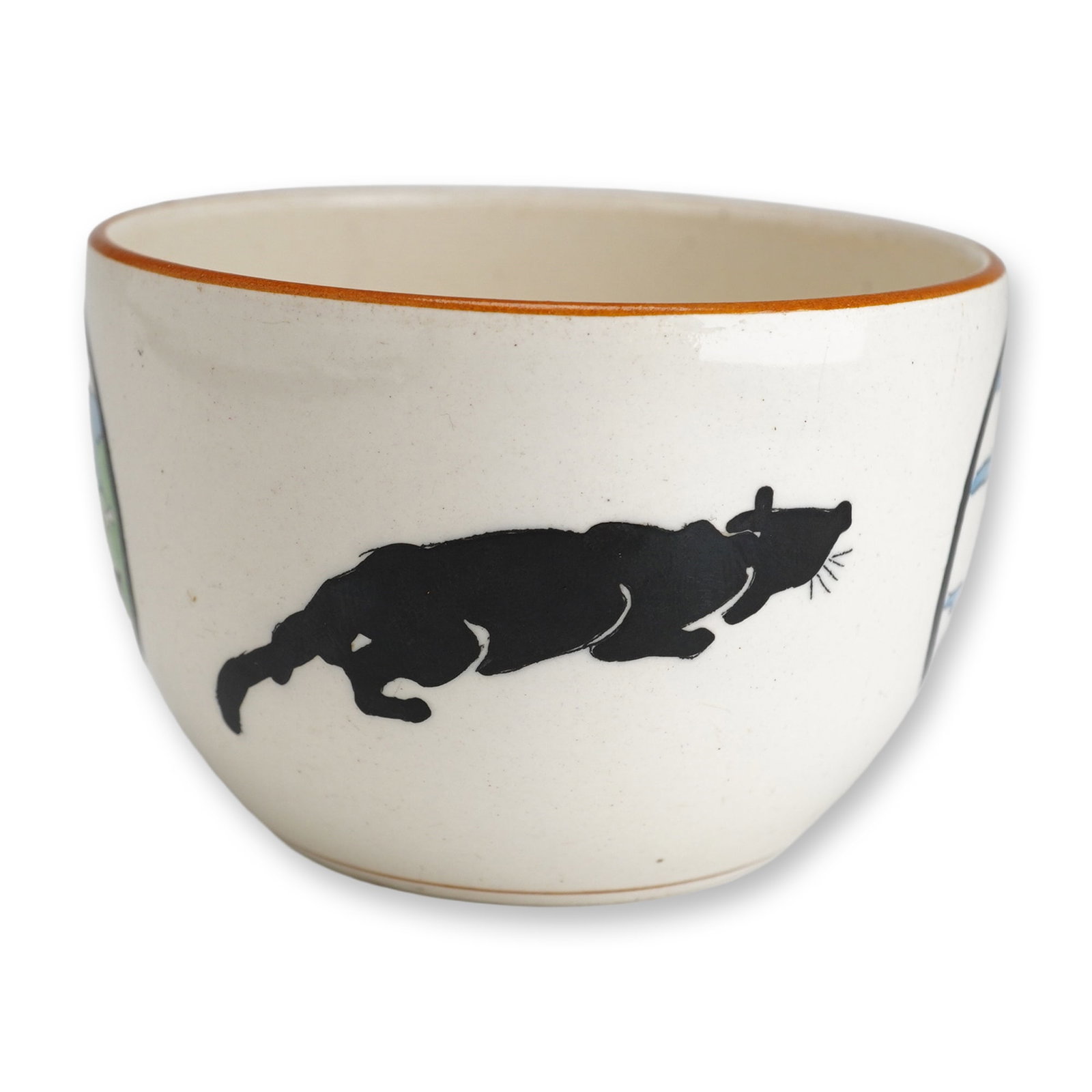 Cats and Birds Pattern Ceramic Bowl: This hand-painted ceramic bowl featuring the Cats and Birds Pattern is of a small, rounded earthenware form with a slightly tapered base. The exterior is decorated with four scenes on an off-white