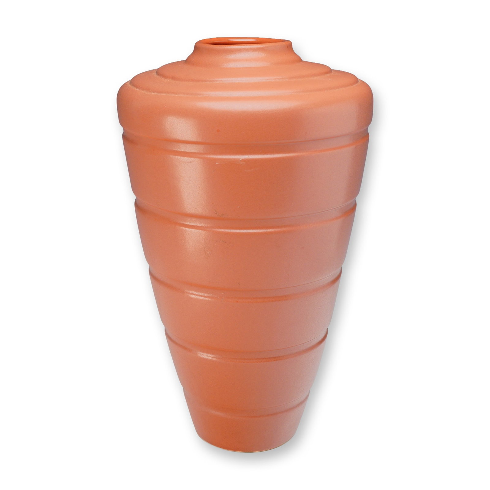 Larry Laslo Pottery Vase Presented by Haeger Pottery: This earthenware art pottery vase was produced by Haeger Potteries of Dundee, Illinois. The vessel features a tall, tapered ovoid form with a small, stepped neck and opening. The body is decorated wit