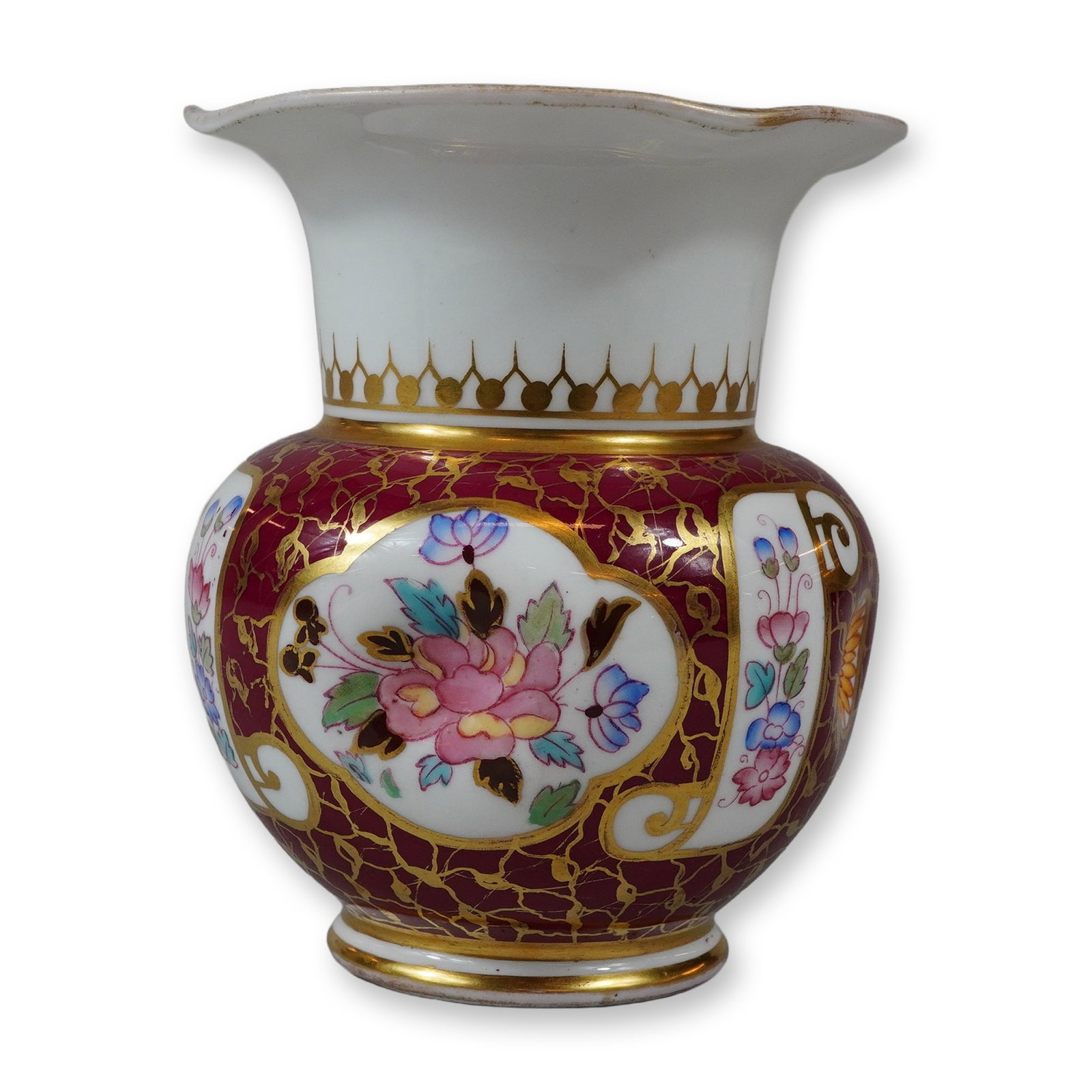 Wedgwood Hand Painted Porcelain Small Floral Vase: This late 19th-century small vase was manufactured by Wedgwood. The vessel features a bulbous body tapering to a short pedestal foot, topped with a wide, flared, and ruffled rim. The exterior is finis