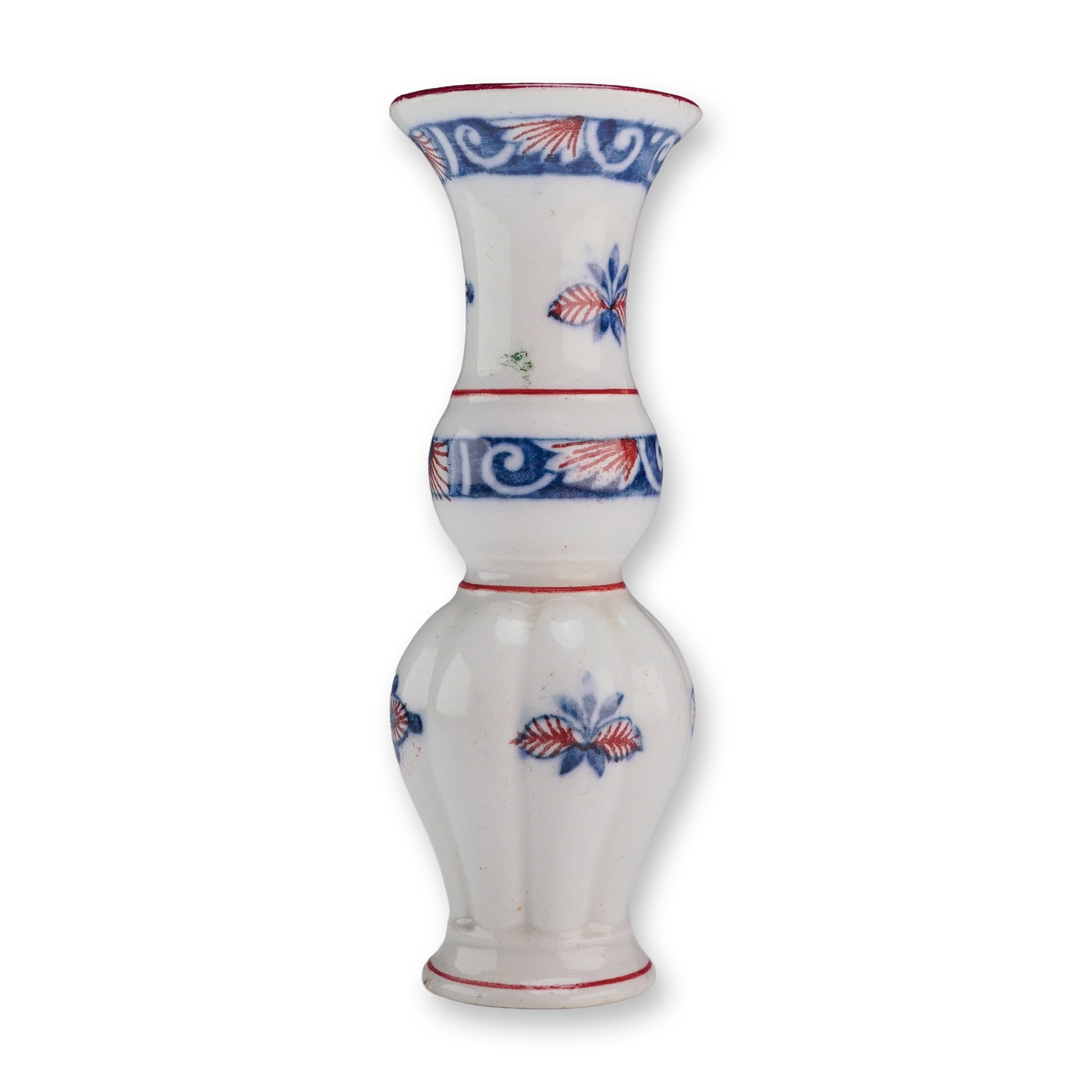 Wedgwood Imari Style Triple Gourd Porcelain Vase: This miniature porcelain vase is designed in a triple-bulb or triple-gourd form, featuring a flared trumpet neck, a small central bulb, and a larger lobed lower body resting on a flared circular foot.