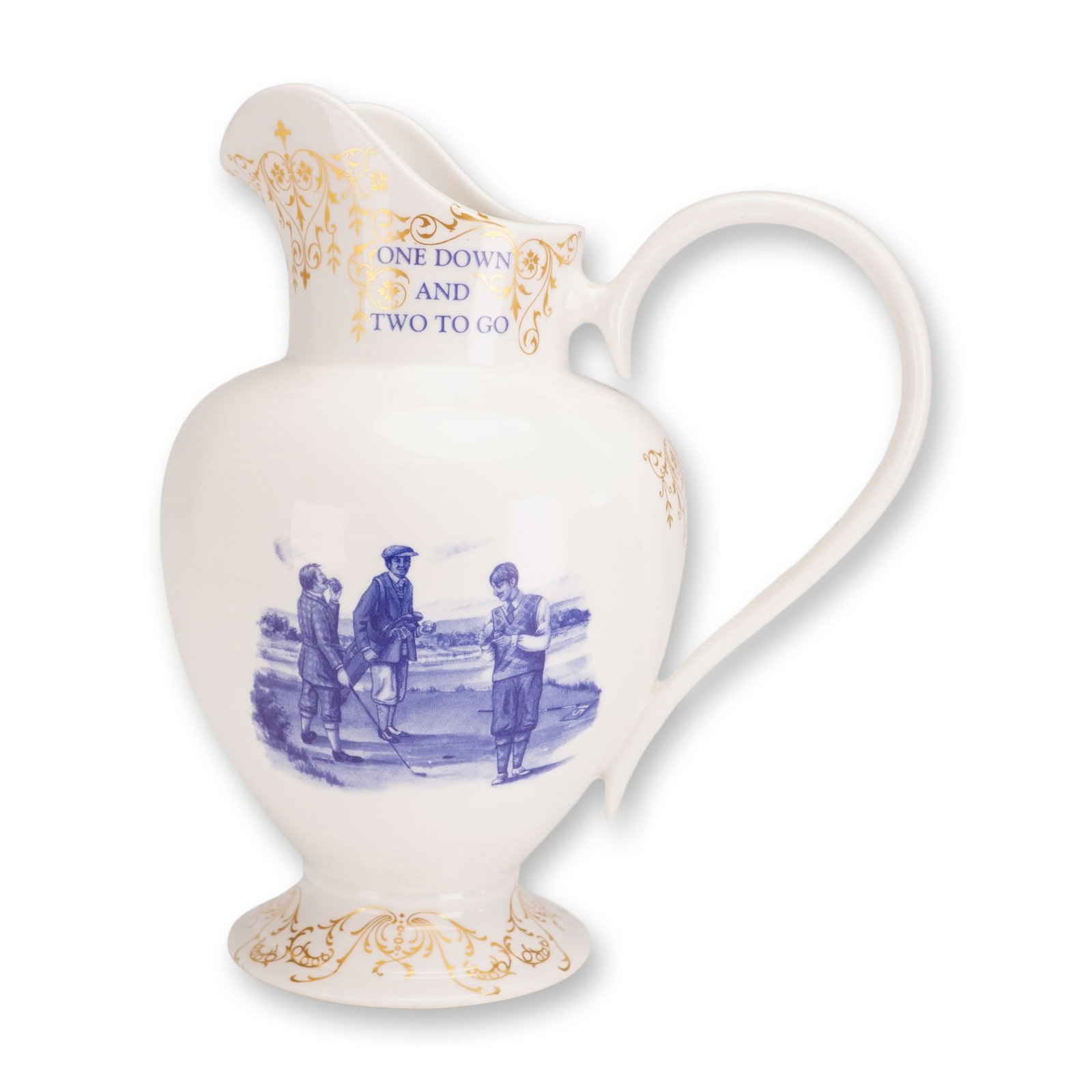 Wedgwood England Blue Willow Transfer Ceramic Golfing Pitcher: This Wedgwood blue willow transfer ceramic pitcher features blue transfer-printed golfing scenes and gilded accents. The white-bodied vessel is designed with a pedestal foot, a flared spout, and a lar