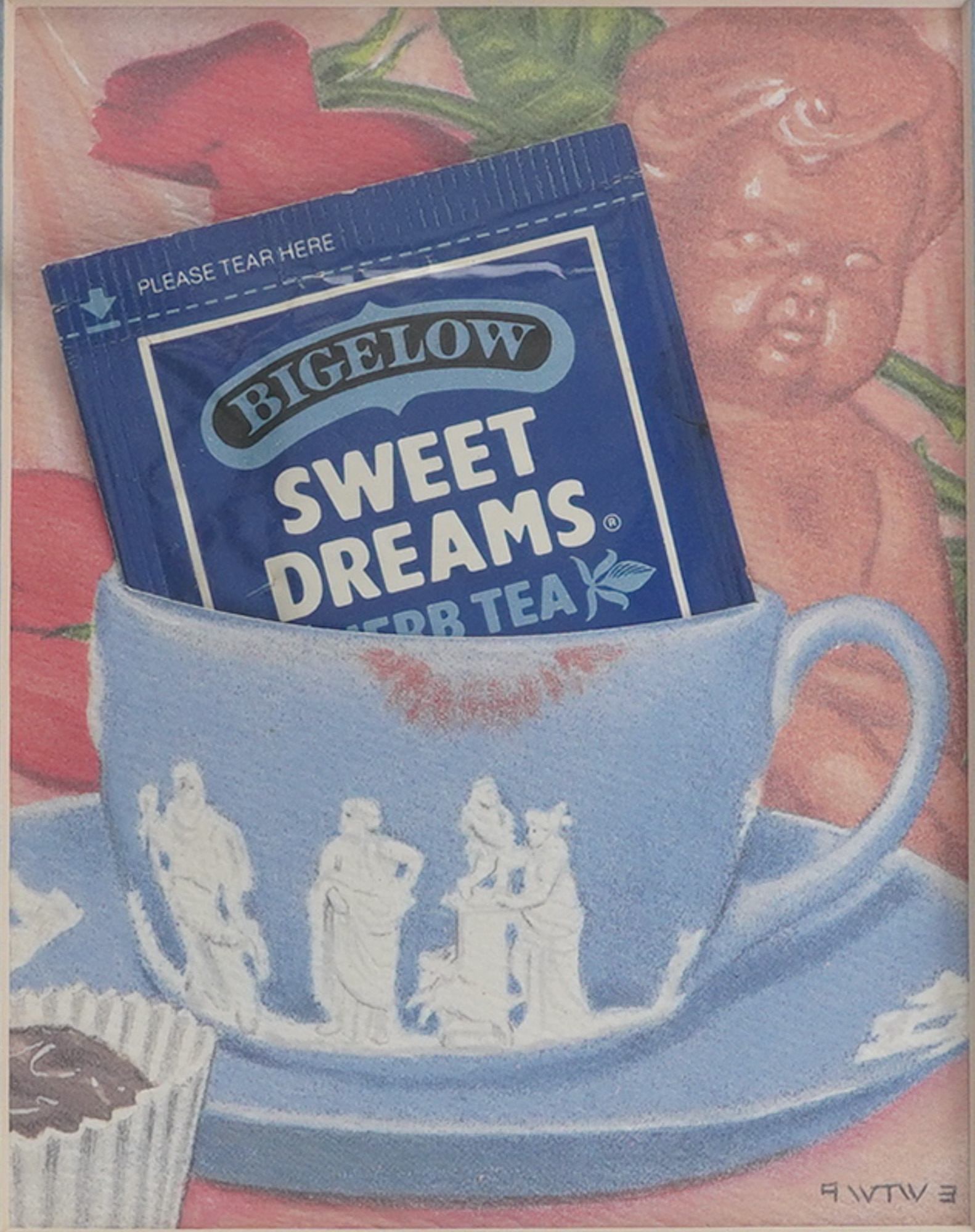 Sweet Dreams Still Life w/ Wedgwood Style Cup, Signed 20th/21st C.: A detailed, stylized still life executed in colored pencil or pastel on paper or board, blending Pop Art and hyper-realist influences. The composition features a pale blue, Wedgwood-style jasperware c