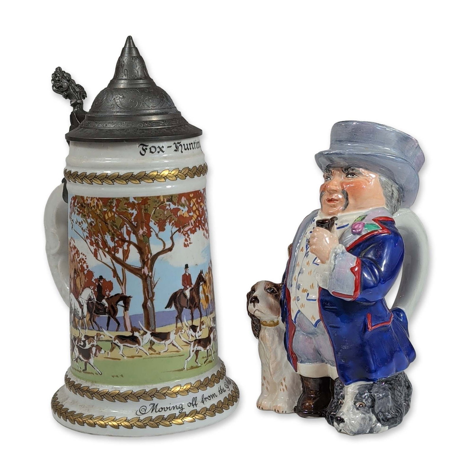 2pc Wedgwood and Larsons of Sweden Toby Jug and Stein: Wedgwood & Co. Ltd. and Larsons of Sweden. Group of two ceramic items featuring fox-hunting motifs, including an earthenware figural character jug and a lidded porcelain beer stein. The hand-painted c