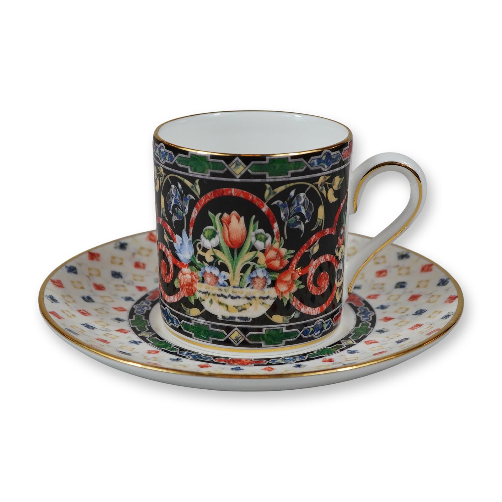 2pc Wedgwood Bone China Harlequin Jewel Pattern Demitasse Cup and Saucer: This lot features a bone china demitasse cup and matching saucer produced by Wedgwood in the Harlequin Jewel pattern. The cup is designed in a cylindrical can shape with a loop handle, decorated with 