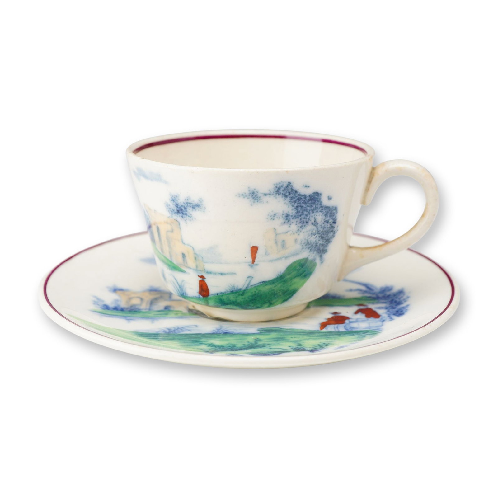 2pc Wedgwood Etruria Creamware Landscape Pattern Cup and Saucer, circa 1914: This set consists of a refined cream-colored earthenware cup and saucer manufactured by Wedgwood at the Etruria works in England. The pieces feature the Landscape pattern, rendered in a combination of