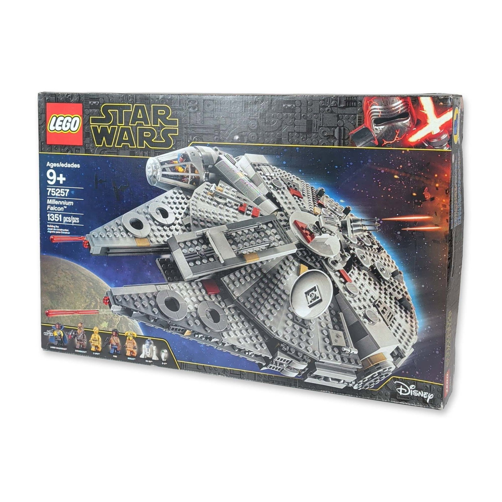 LEGO Star Wars Millennium Falcon Set 75257: LEGO Star Wars Millennium Falcon, set number 75257. Building set in plastic, featuring the starship with opening hull panels, rotating gunner stations, and spring-loaded shooters. Includes seven minif
