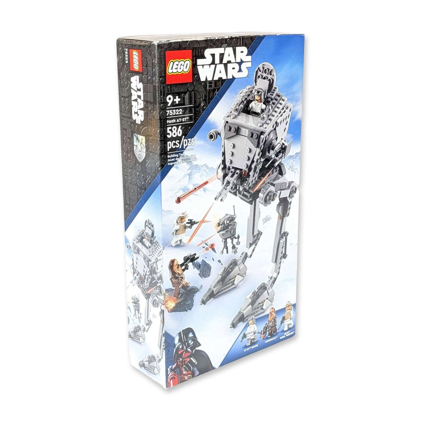 LEGO Star Wars 75322 Hoth AT-ST Set: LEGO Group. Star Wars construction set in plastic, featuring the Hoth AT-ST walker model number 75322. Includes 586 pieces and four character figures comprising an AT-ST Driver, Chewbacca, Hoth Rebel 