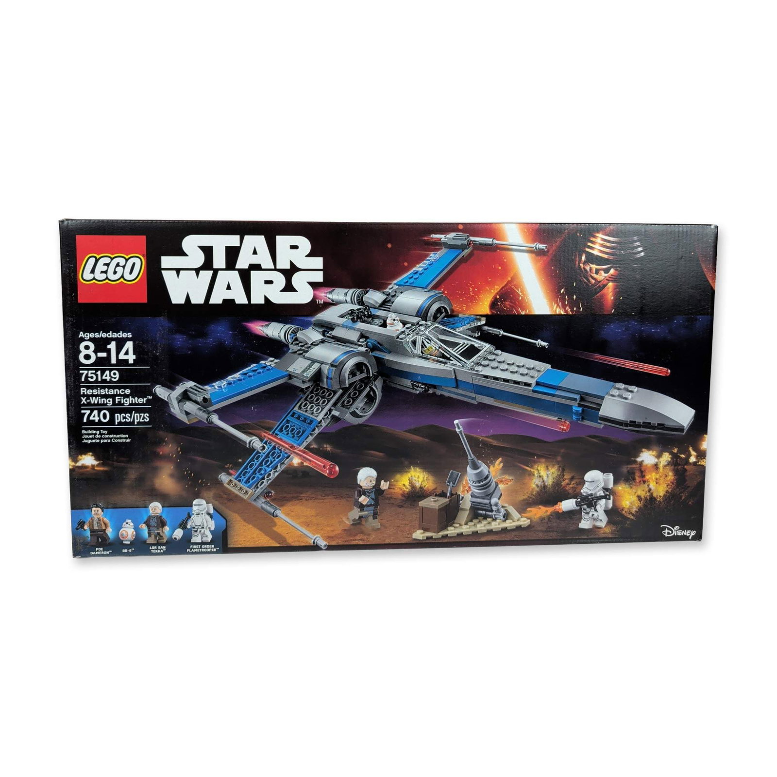 LEGO Star Wars 75149 Resistance X-Wing Fighter: LEGO. Construction toy building set in plastic from the Star Wars: The Force Awakens series, model number 75149. The set contains 740 pieces and includes four minifigures: Poe Dameron, BB-8, Lor San T