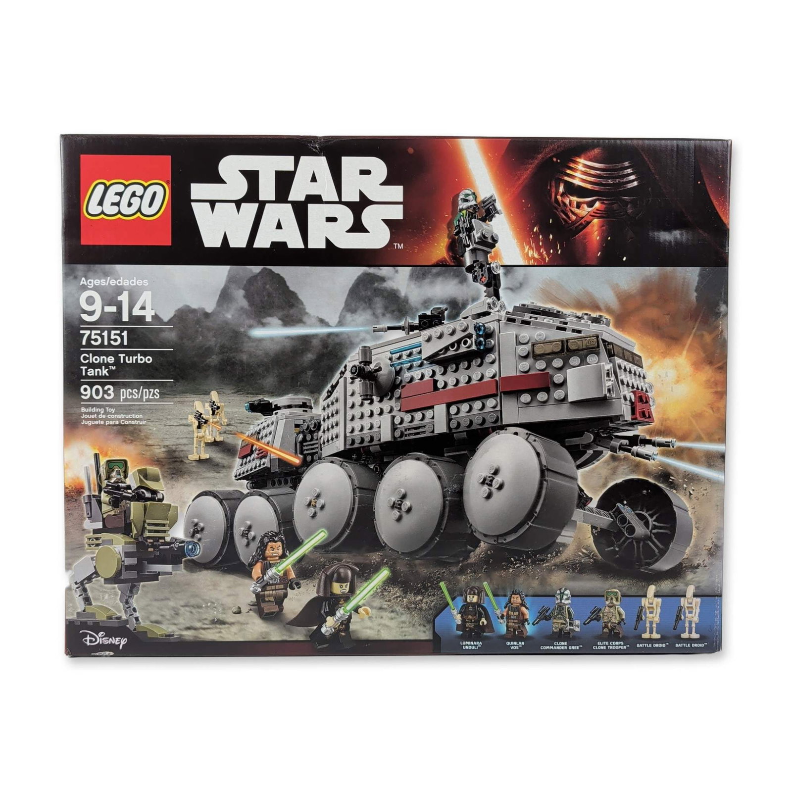 LEGO Star Wars Clone Turbo Tank 75151: The LEGO Group. Star Wars building set, model 75151, Clone Turbo Tank. Plastic construction featuring a large ten-wheeled armored vehicle with functional suspension, top-mounted rotating turret, and s