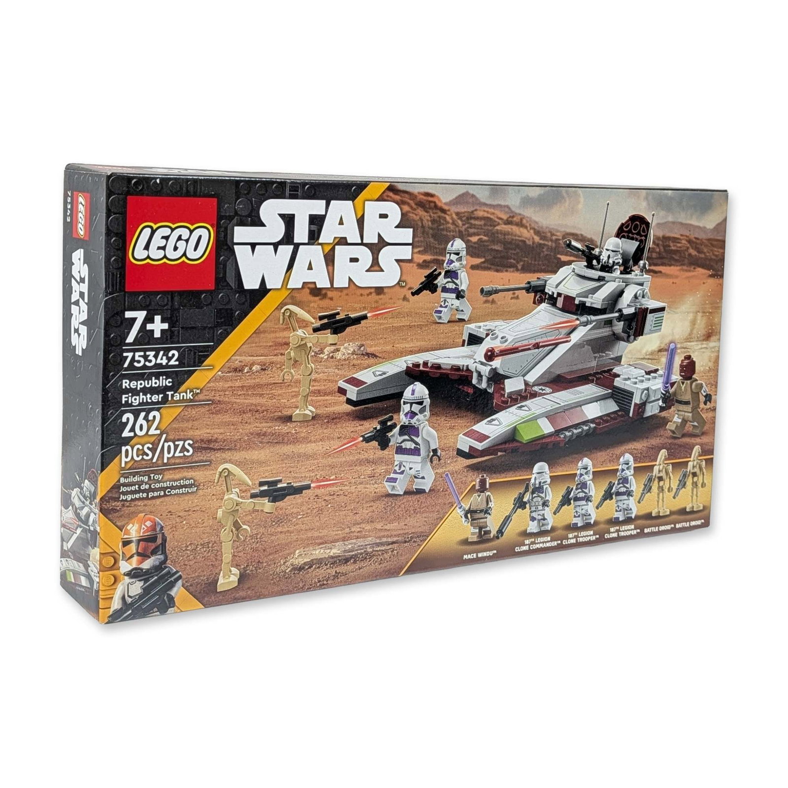 LEGO Star Wars 75342 Republic Fighter Tank Set: LEGO Star Wars Republic Fighter Tank, set number 75342. Construction building set in plastic, featuring a Republic Fighter Tank with an opening cockpit, top hatch, two rising spring-loaded shooters, a