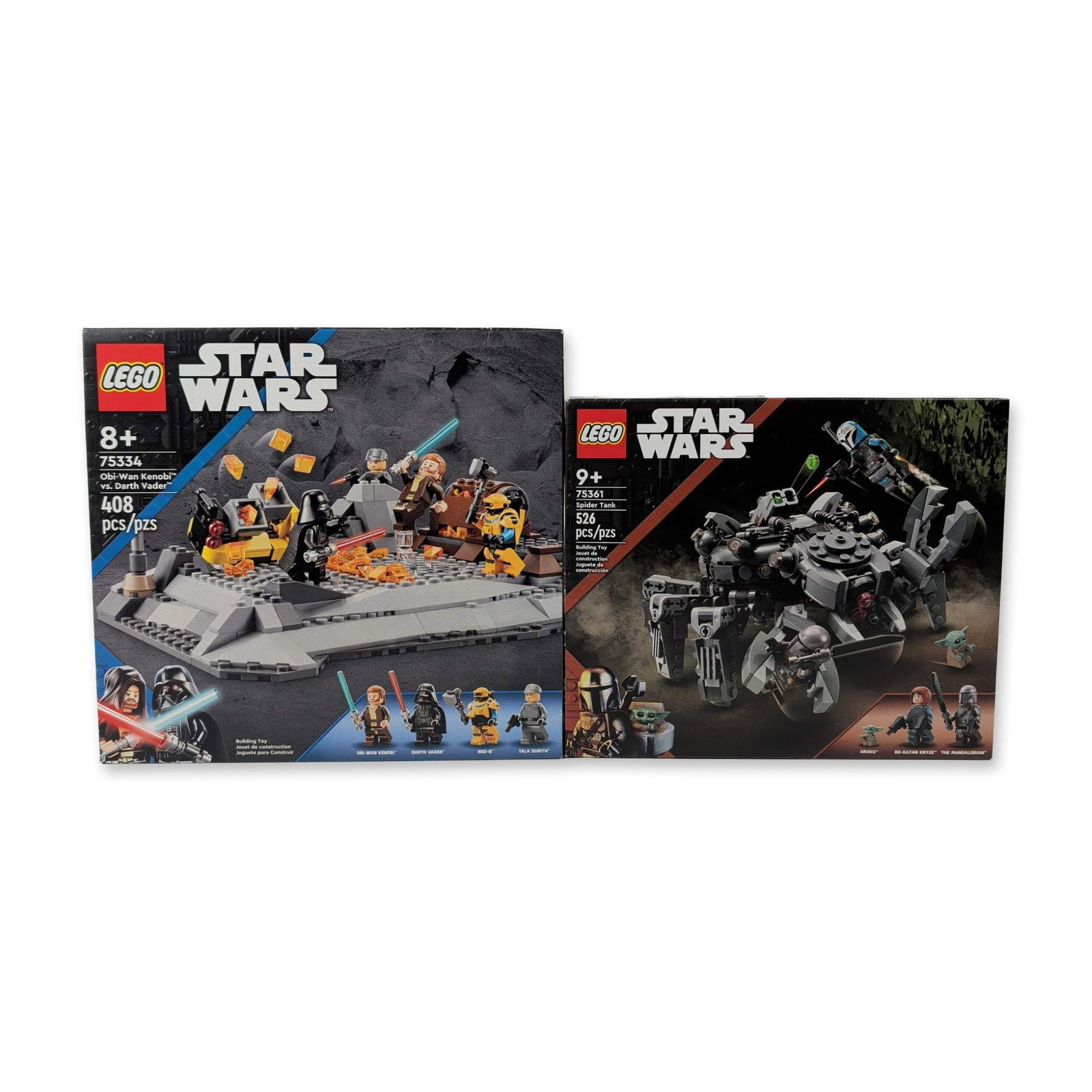 LEGO Star Wars Mandalorian Spider Tank & Obi-Wan vs. Vader Battle Bundle: LEGO. Two Star Wars building sets in original retail boxes. The lot includes Set 75361 Spider Tank from The Mandalorian series and Set 75334 Obi-Wan Kenobi vs. Darth Vader. Set 75361 consists of 526 p
