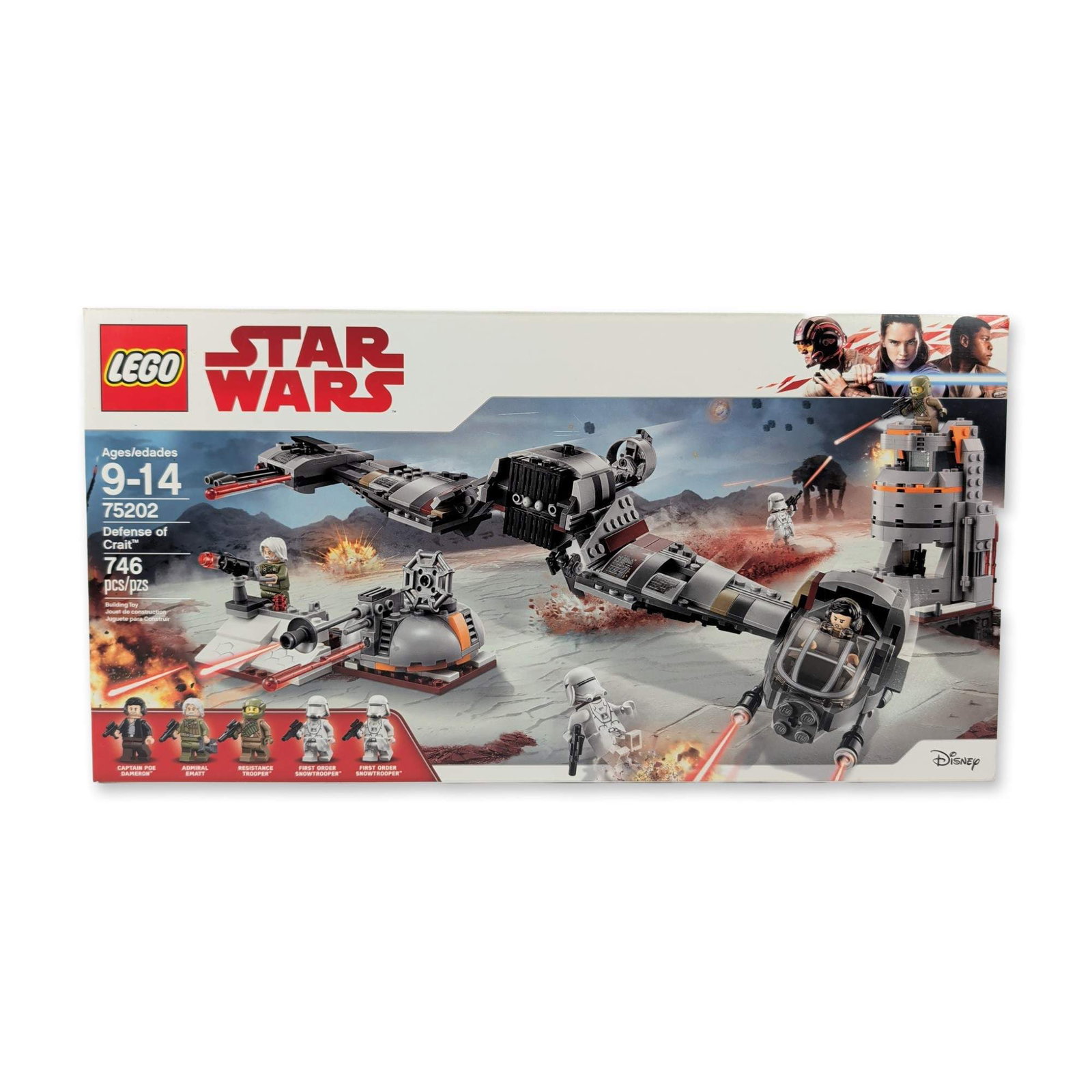 LEGO Star Wars 75202 Defense of Crait Building Set: The LEGO Group. Star Wars building set, Defense of Crait, set number 75202. Plastic construction. Set features a Resistance Ski Speeder with spring-loaded shooters and a multi-level Command Tower with