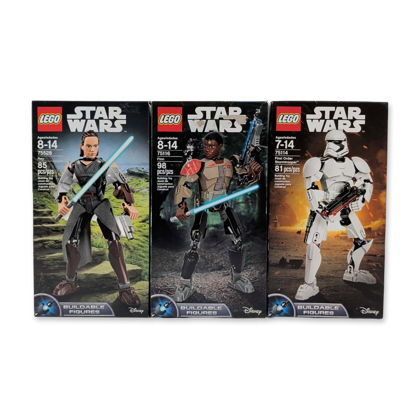 3pc LEGO Star Wars Buildable Action Figure Series: Rey, Finn, & First Order Stormtrooper: LEGO. Three Star Wars Buildable Figures series sets in plastic, featuring poseable ball-and-socket joint construction and action features. Collection includes set 75114 First Order Stormtrooper with 8