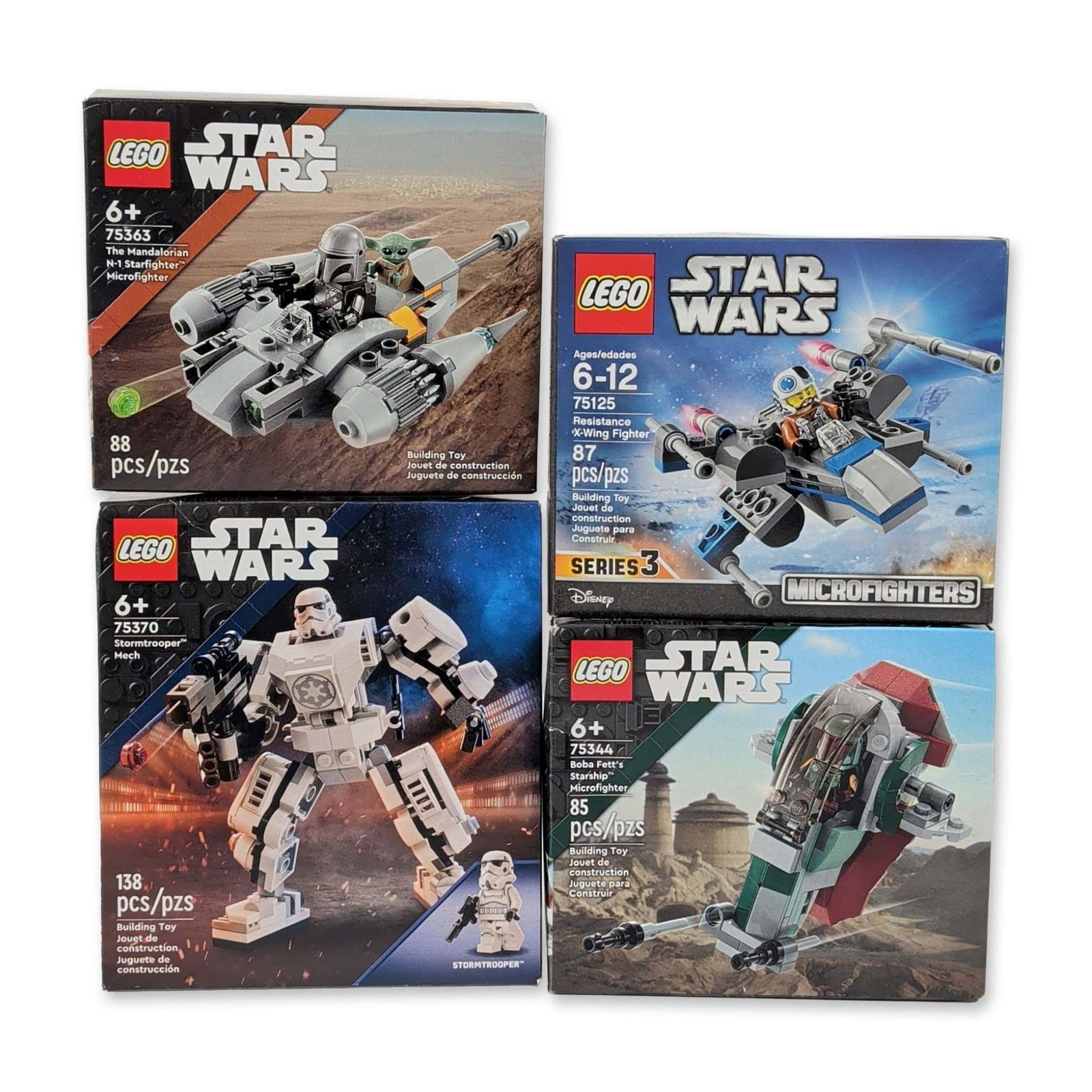 4pc Collection of LEGO Star Wars Building Sets: LEGO. Collection of four building sets from the Star Wars series, constructed of molded plastic. The grouping features Microfighters Series 3 Resistance X-Wing Fighter (75125), Boba Fett's Starship