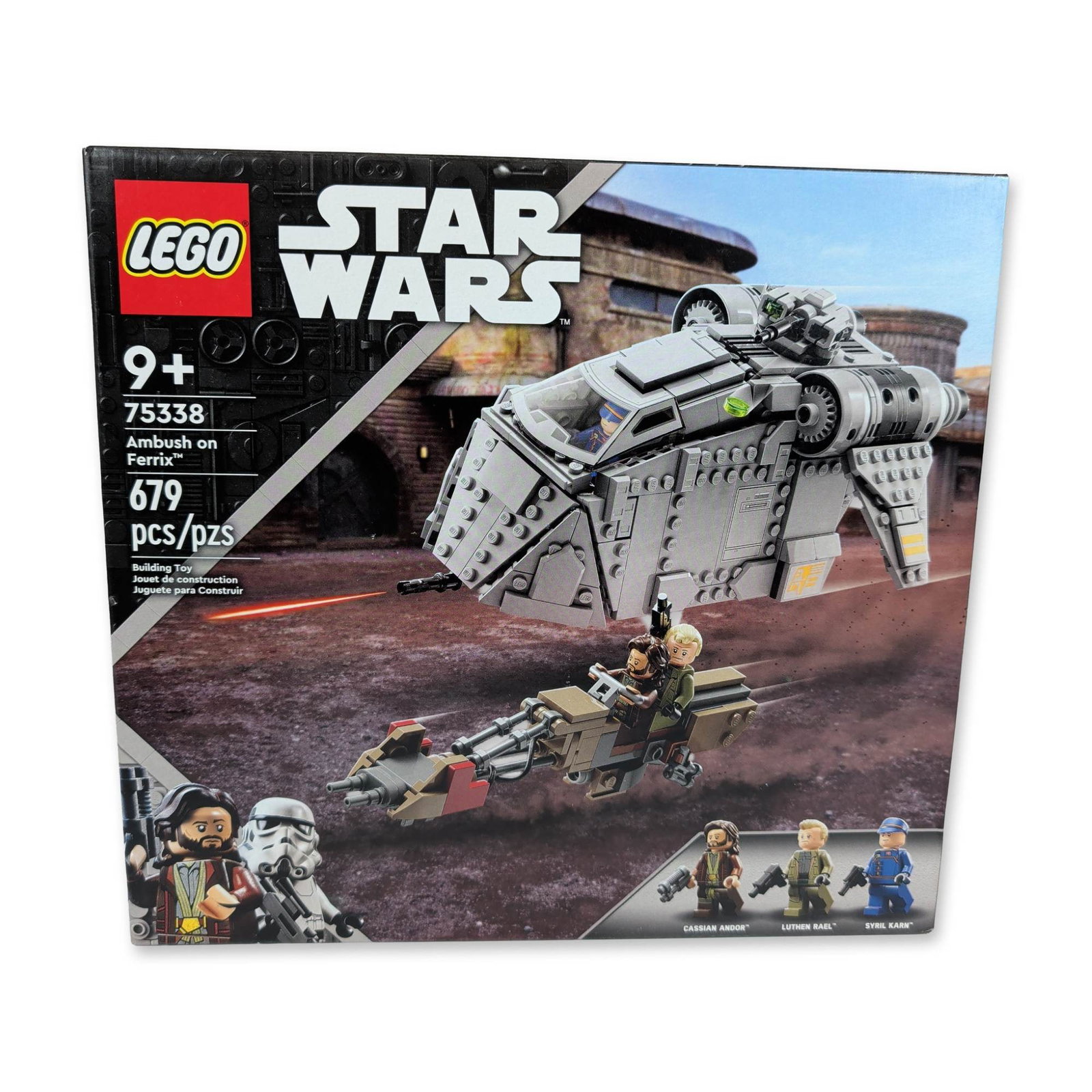 LEGO Star Wars Ambush on Ferrix Set 75338: The LEGO Group. Star Wars building set titled Ambush on Ferrix, model 75338, in molded plastic. Based on the series Star Wars: Andor, the 679-piece assembly includes a Mobile Tac-Pod with opening cock