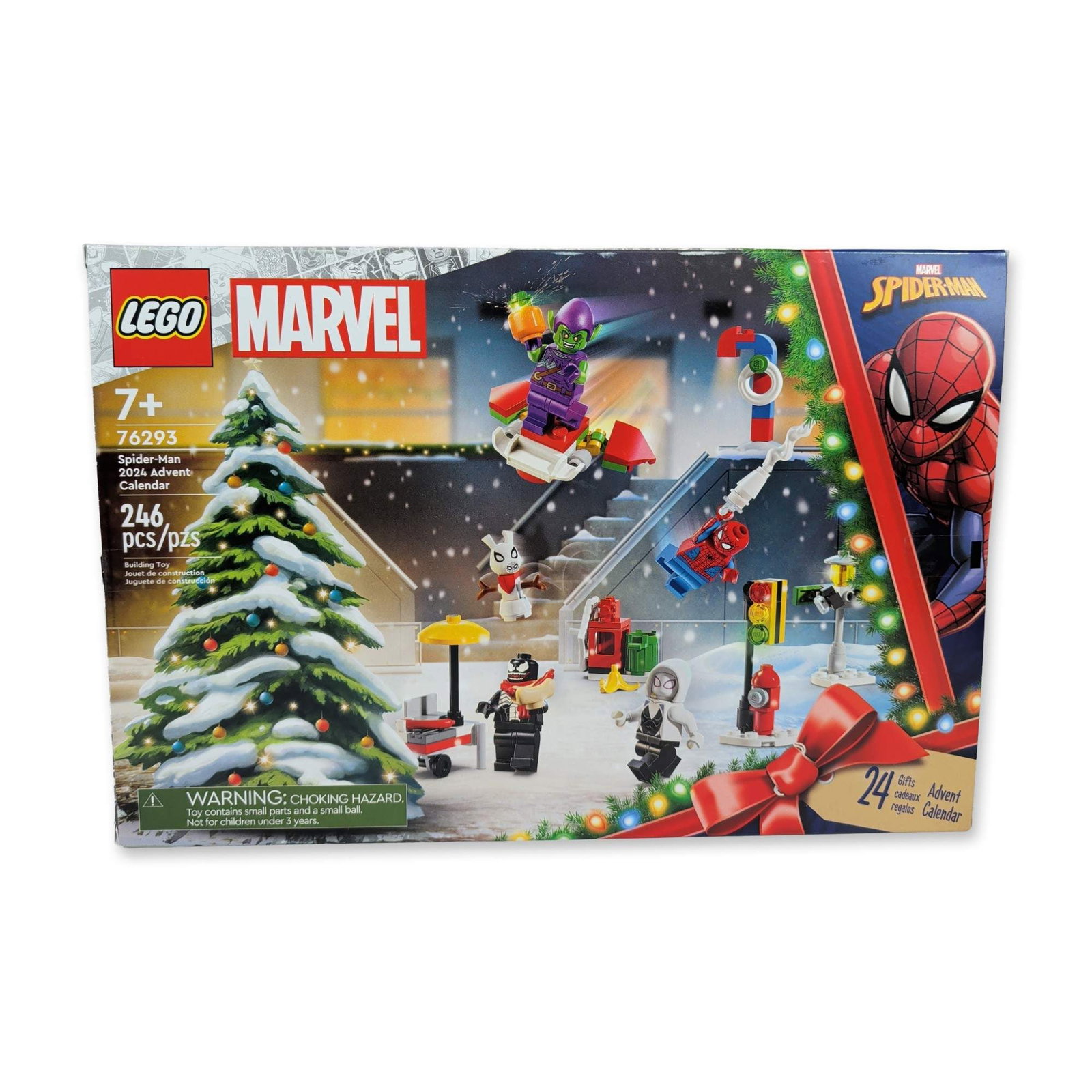 LEGO Marvel Spider-Man 2024 Advent Calendar 76293: LEGO. Marvel Spider-Man 2024 Advent Calendar, set number 76293, in plastic and cardboard. Featuring 246 pieces designed for 24 daily seasonal builds, the set includes minifigures for Spider-Man, Ghost