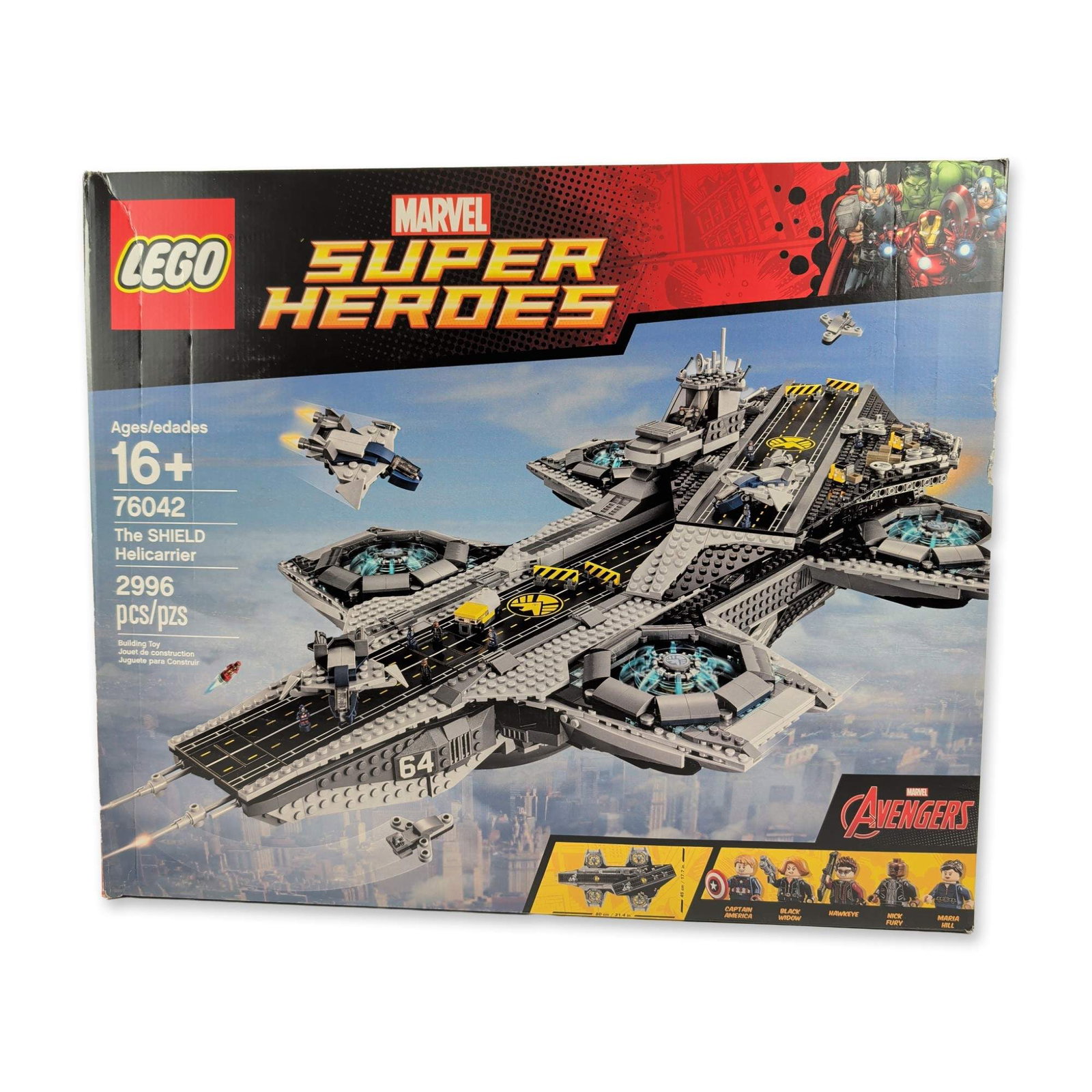 LEGO Marvel Super Heroes 76042 SHIELD Helicarrier: LEGO. Marvel Super Heroes series building set, item 76042, The SHIELD Helicarrier. Large-scale plastic construction model comprised of 2,996 pieces. Includes five character minifigures: Nick Fury, Bla