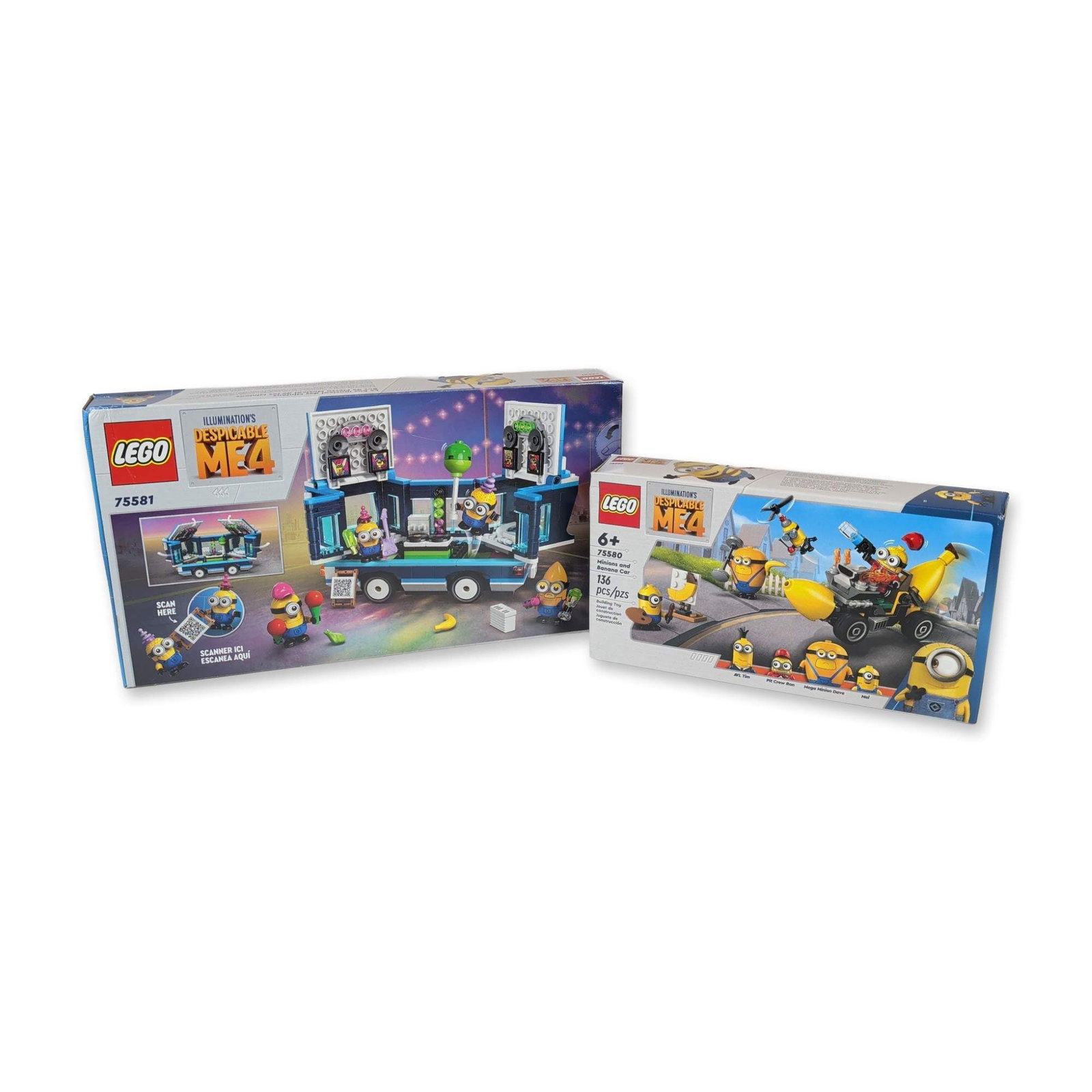 Two LEGO Despicable Me 4 Building Sets 75580, 75581: LEGO Group. Pair of factory-sealed building sets in molded plastic from the Despicable Me 4 collection. Includes Set 75581, Minions Music Party Bus, featuring a transforming bus with 379 pieces and fi