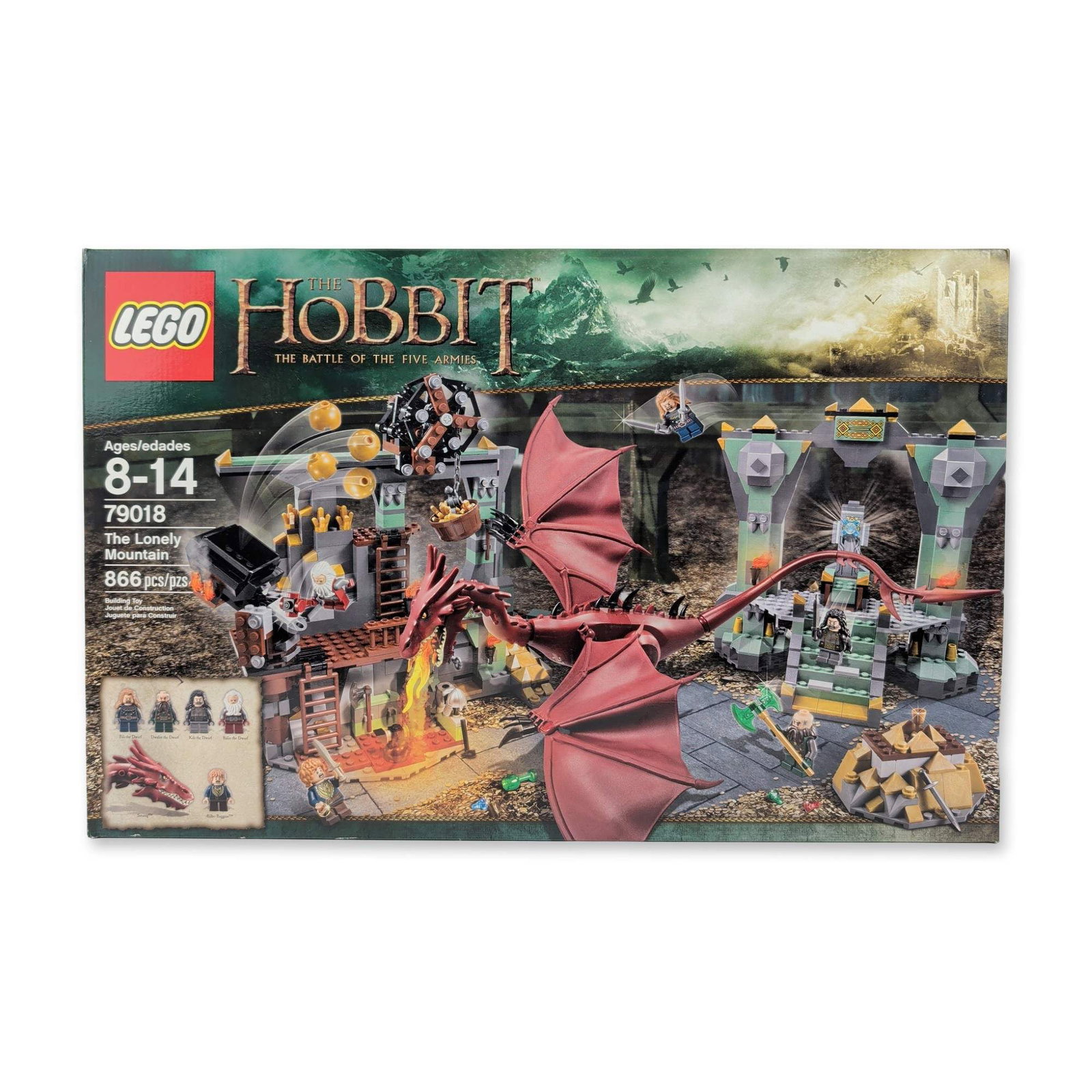 LEGO The Hobbit 79018 The Lonely Mountain: LEGO Group building set number 79018, The Lonely Mountain, released in 2014 as part of The Hobbit: The Battle of the Five Armies theme. The set includes a large articulated figure of the dragon Smaug 